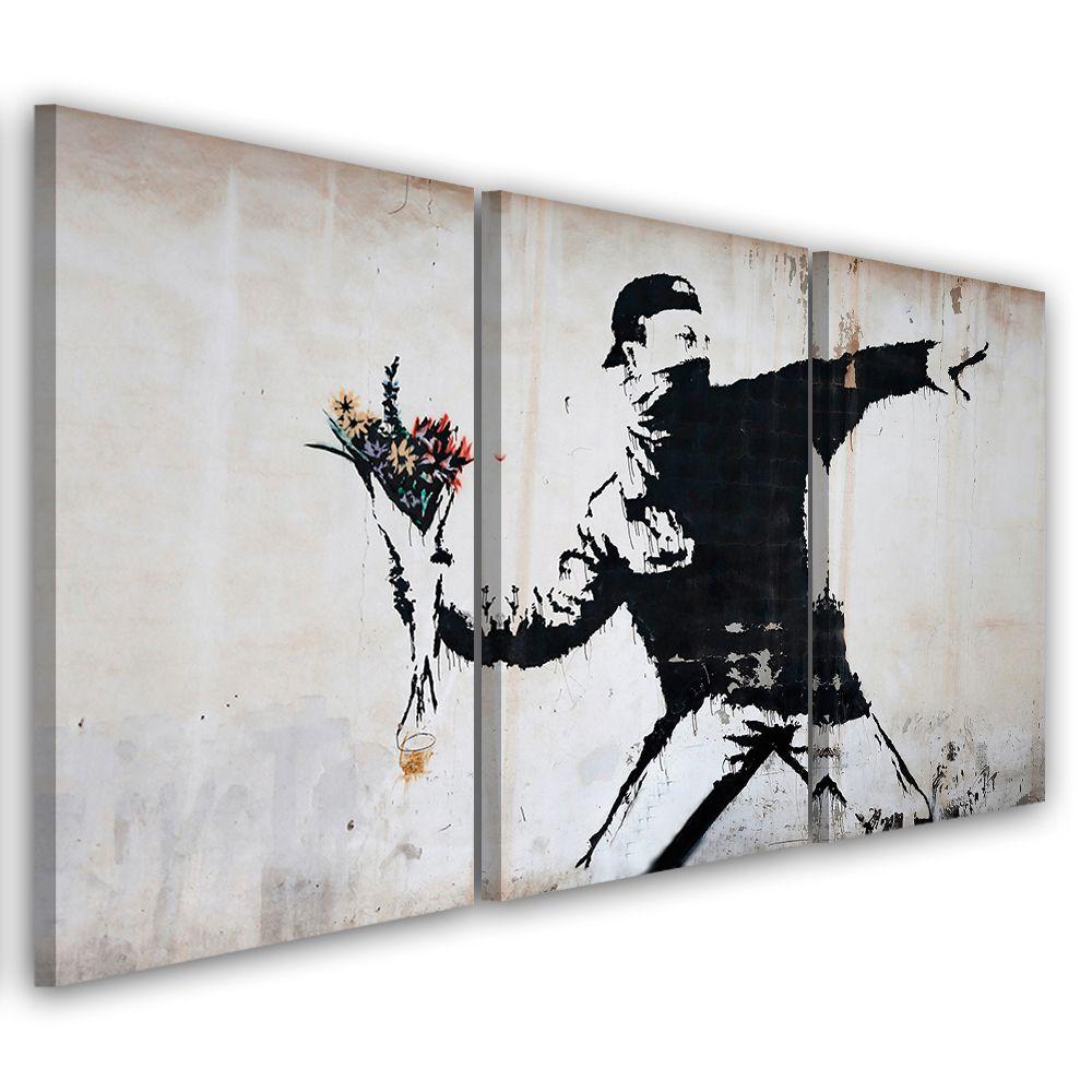 3 stykke lærredstryk, Banksy Graffiti kunstblomster