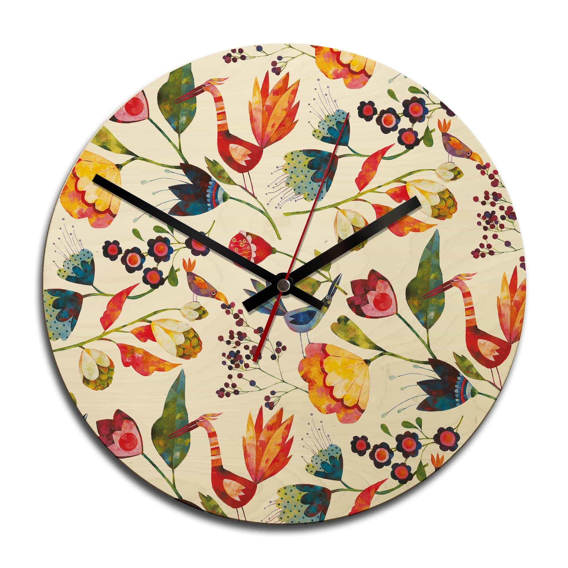 Horloge murale en bois - Blanz - Fleurs et oiseau