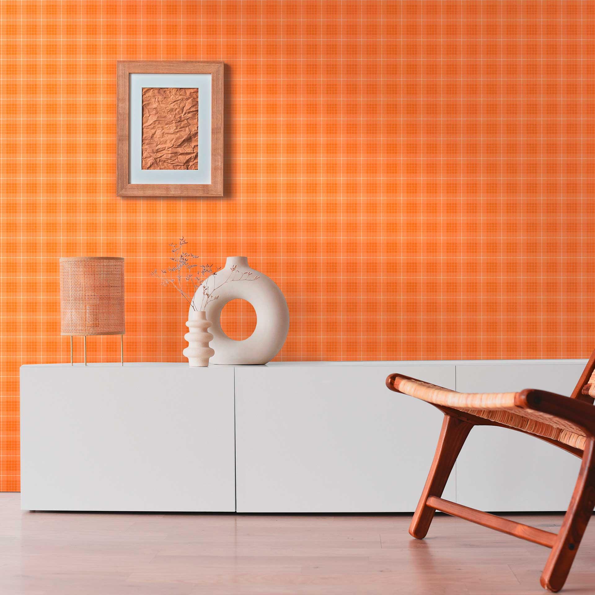 vintage ternet tapet orange hvid - retro ternet mønster tapet - non-woven tapet moderne