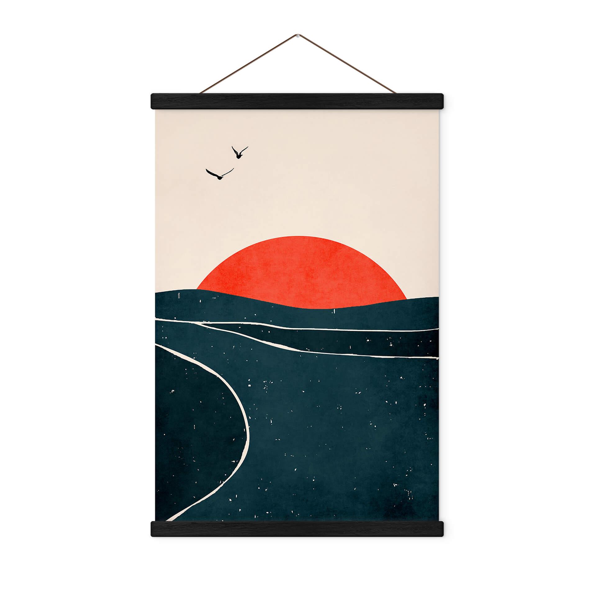 Póster de tela puesta de sol junto al mar con palomas - Kubistika