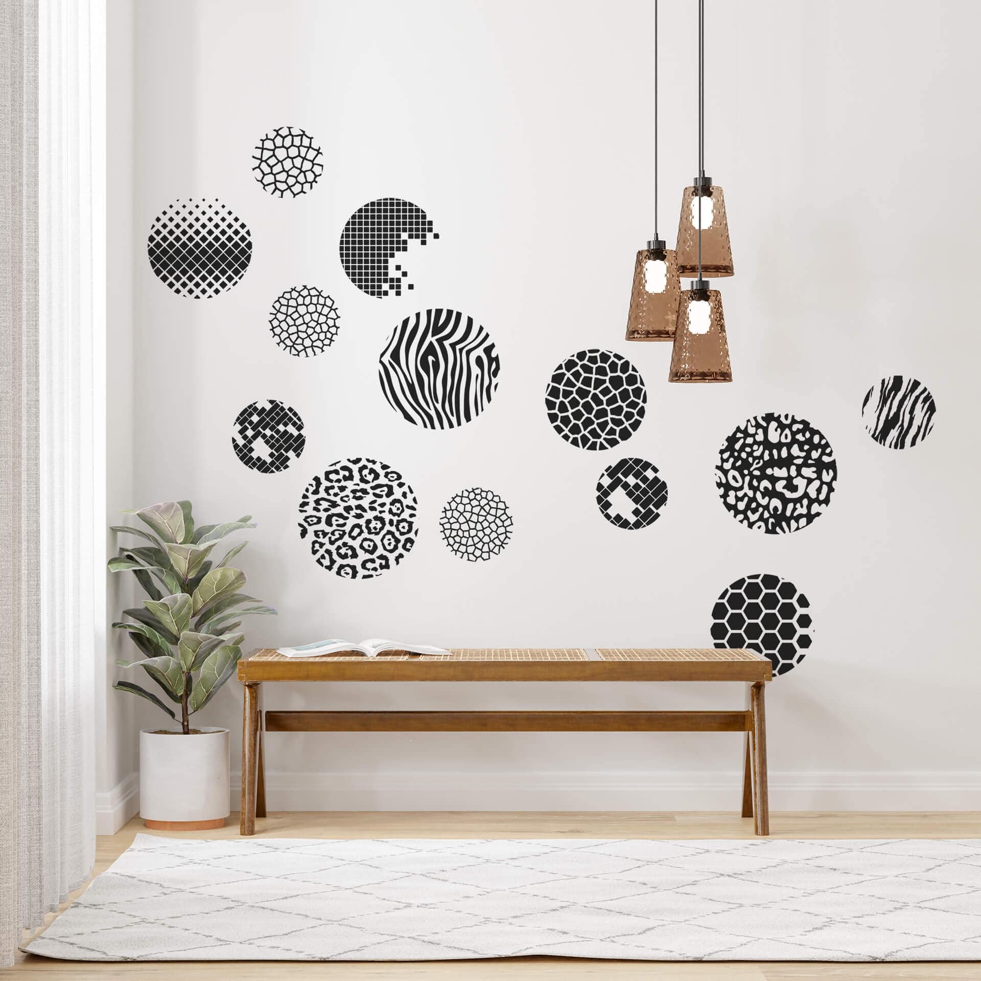 Sticker mural Cercles avec motifs, couleur unie (13 pièces)