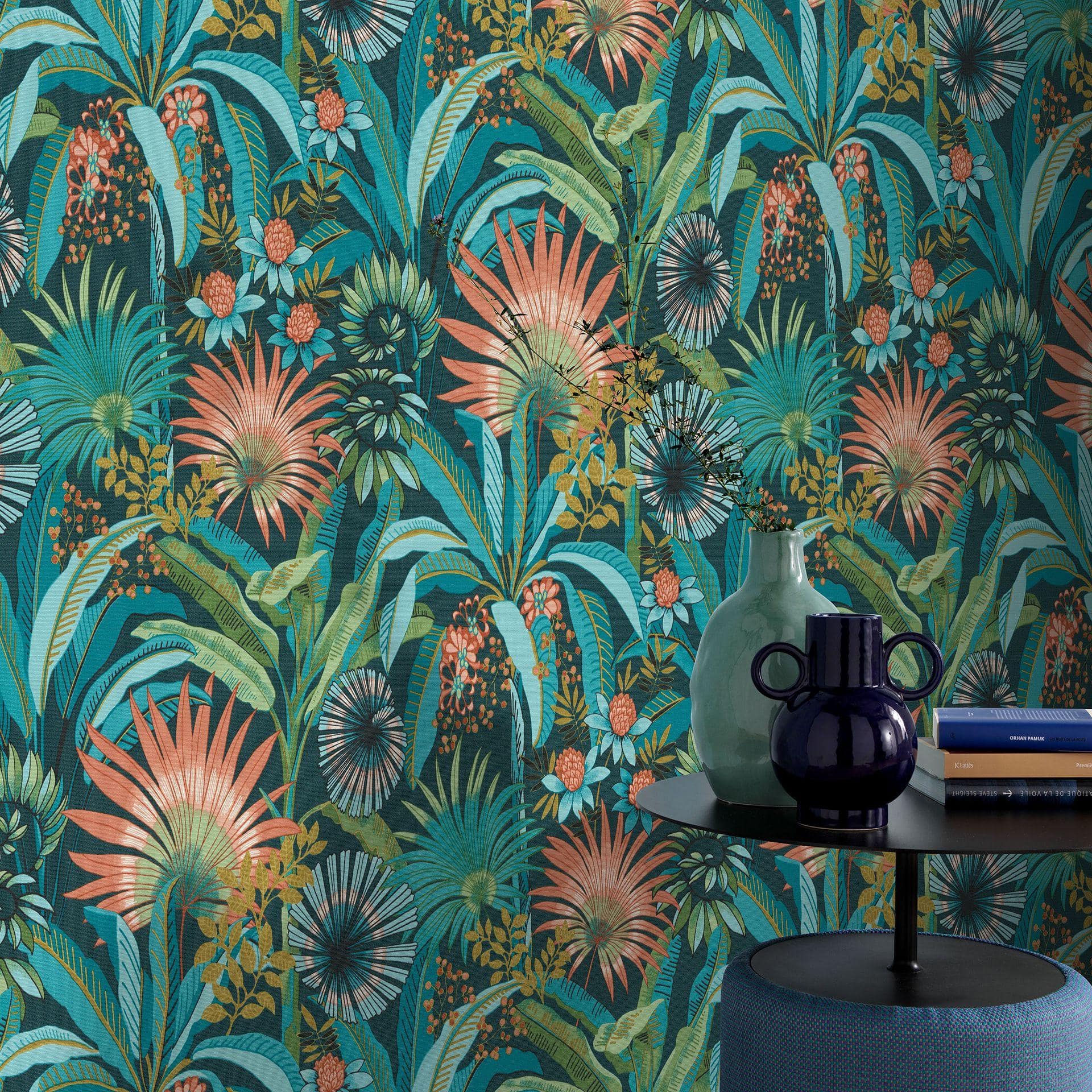 Blomstertapet, blomstertapet, Erismann Martinique turkis non-woven tapet