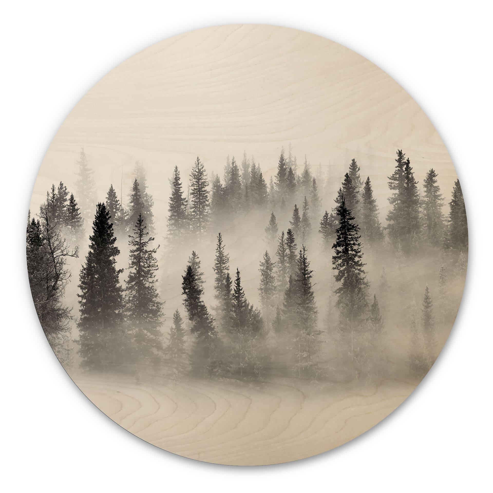 Cuadro de madera bosque de nubes en blanco y negro - Redondo - Xu