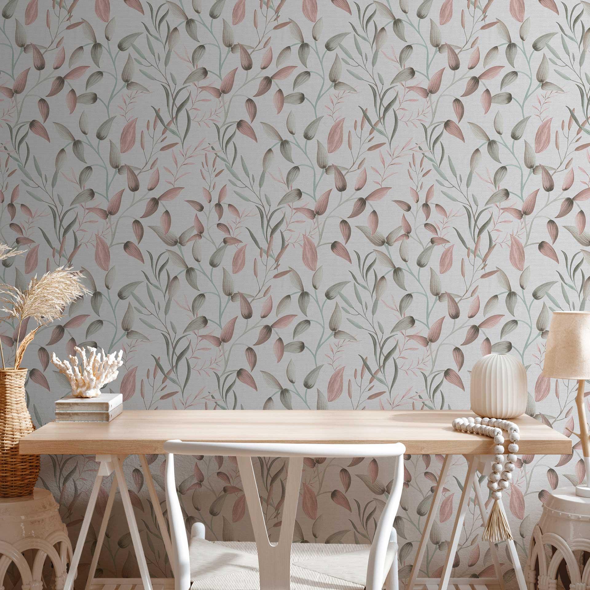Papel pintado Floral hojas acuarela - Papel no tejido rosa verde beige - Papel pintado vegetal