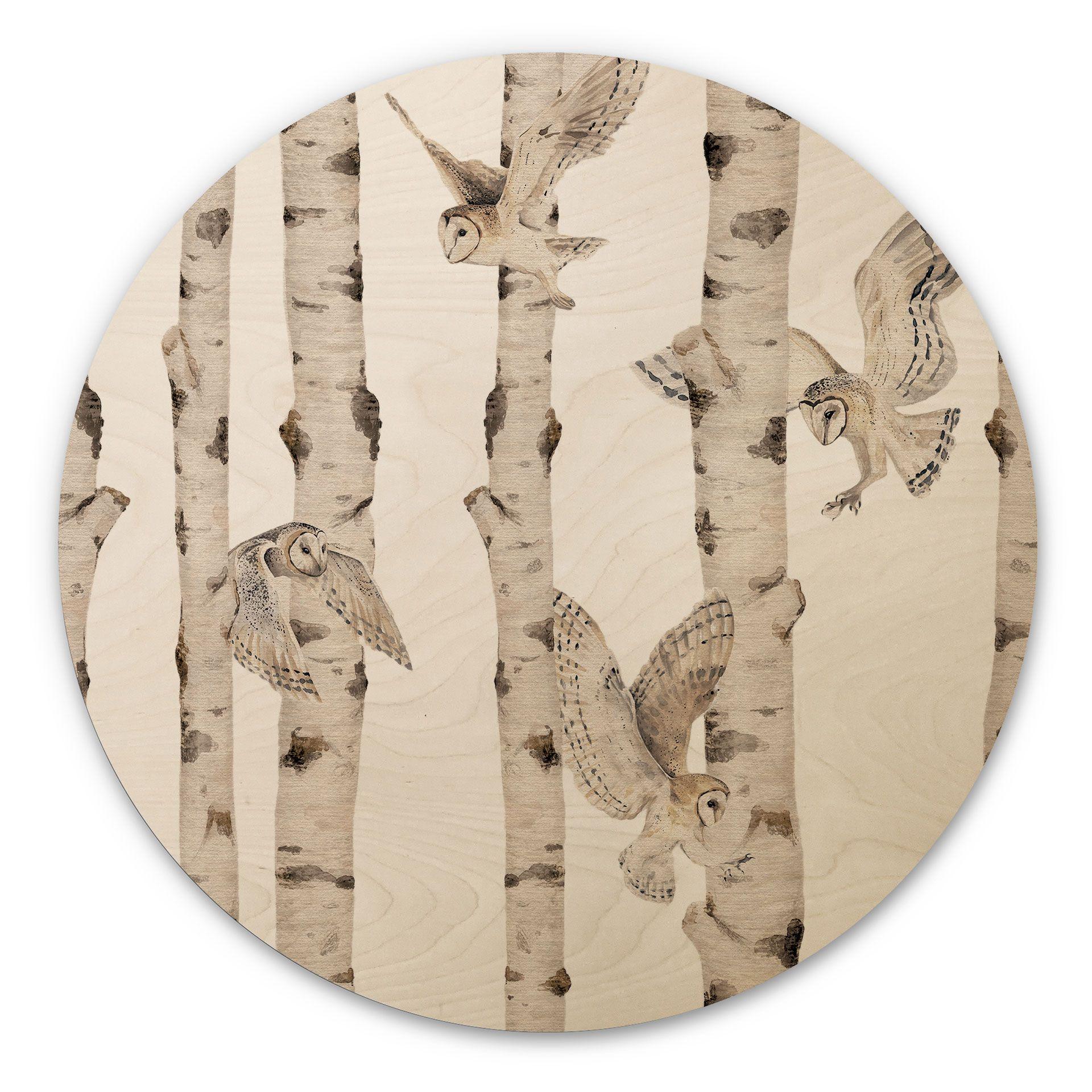 Cuadro de madera Belle búhos en el bosque de abedules - Kikki Belle - Redondo
