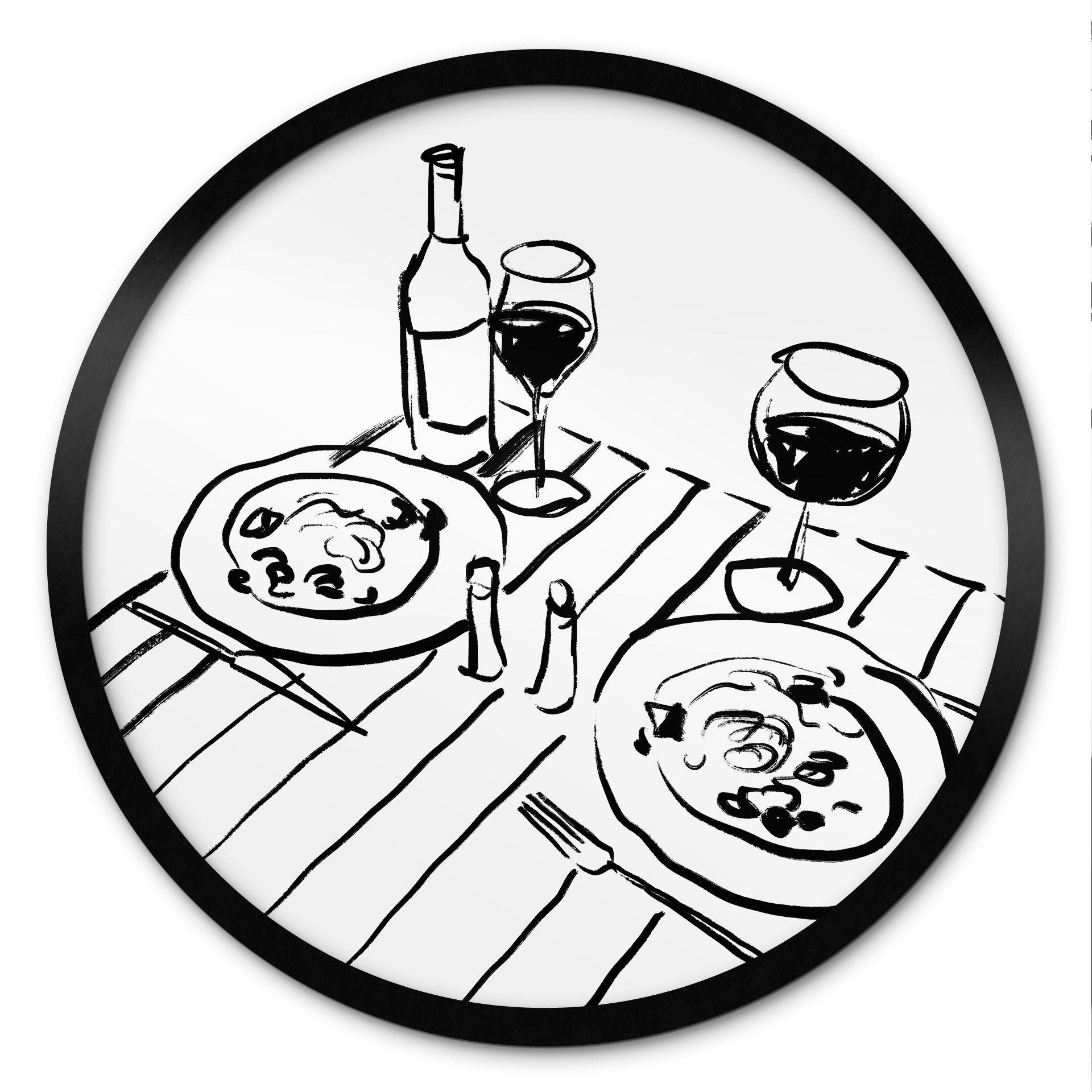 Póster blanco y negro bodegón cena con vino - Treechild - Redondo