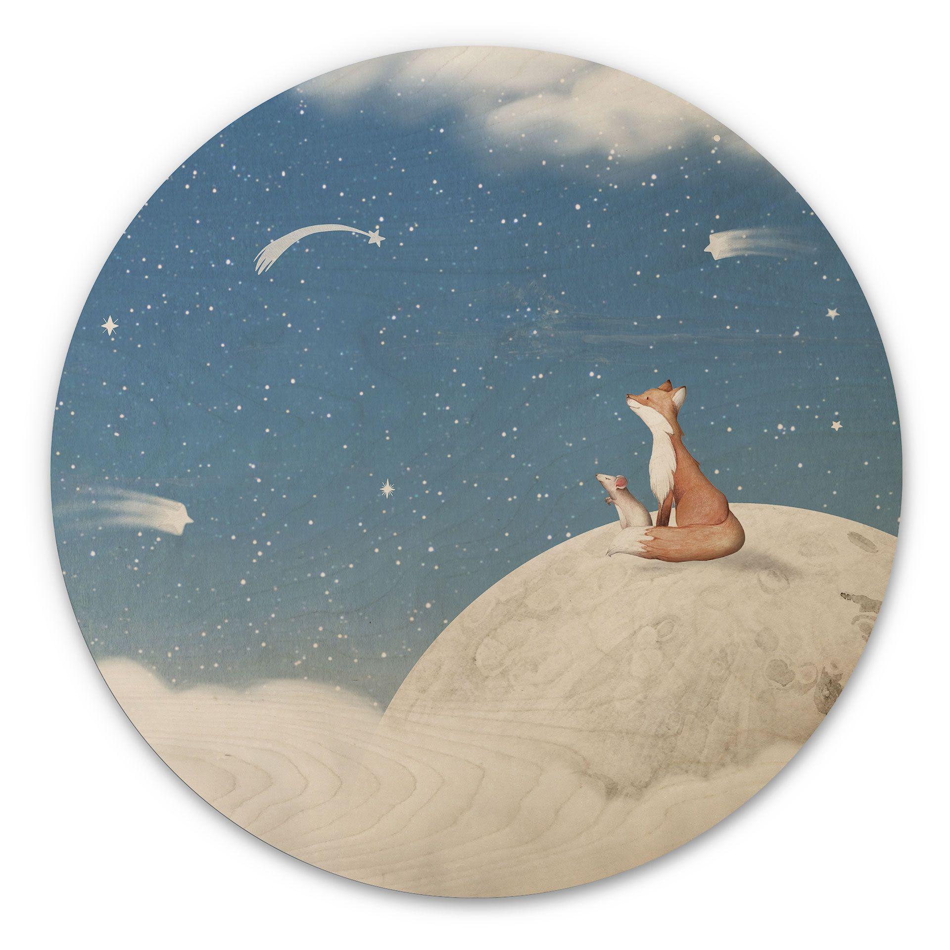 Cuadro de madera zorro en la luna con estrellas fugaces - Oliver Robins - Redondo