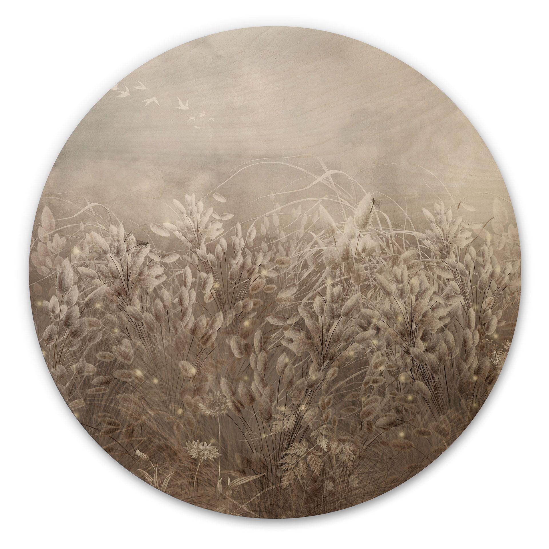 Houten Wanddecoratie pampagras en grassen in beige - Ms Tiff - Rond