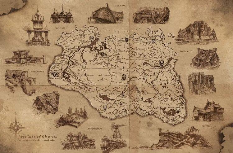 Poster, Film Poster The Elder Scrolls V: Skyrim - Illustrated Map 91,5x61 cm