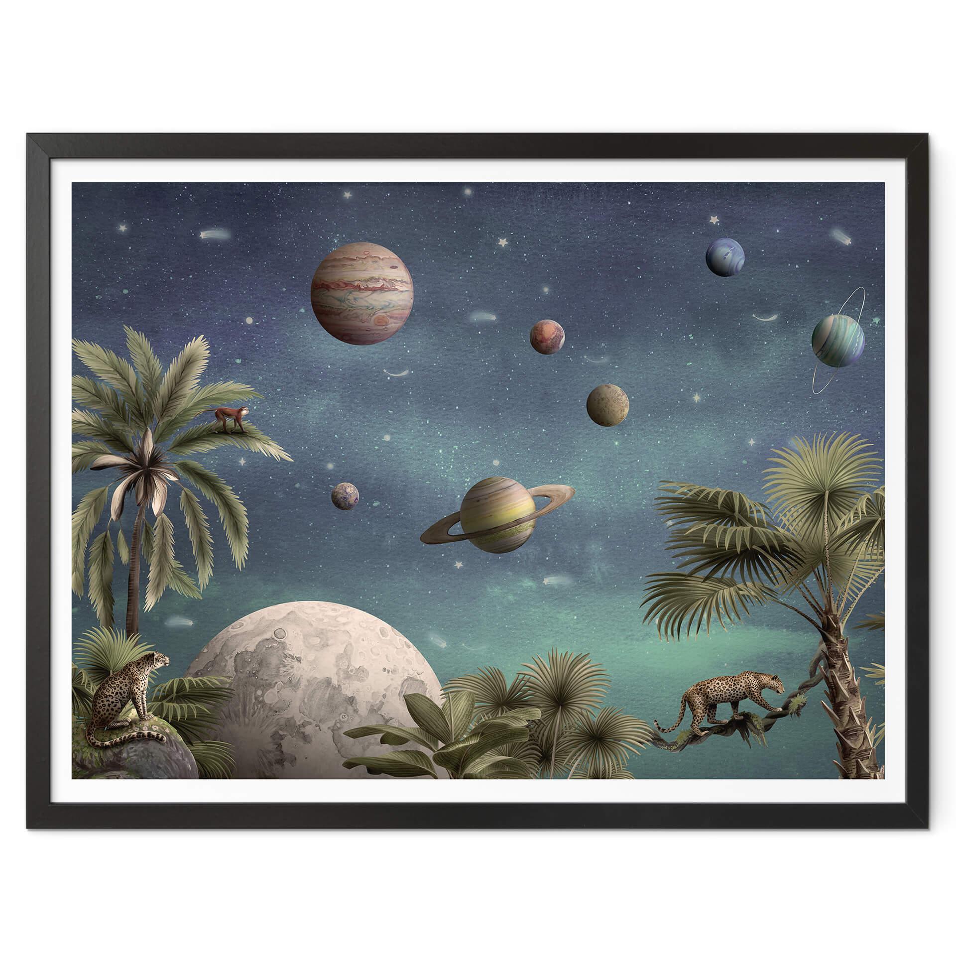 Póster infantil Kikki Belle - Mundo de fantasía tropical con planetas y palmeras