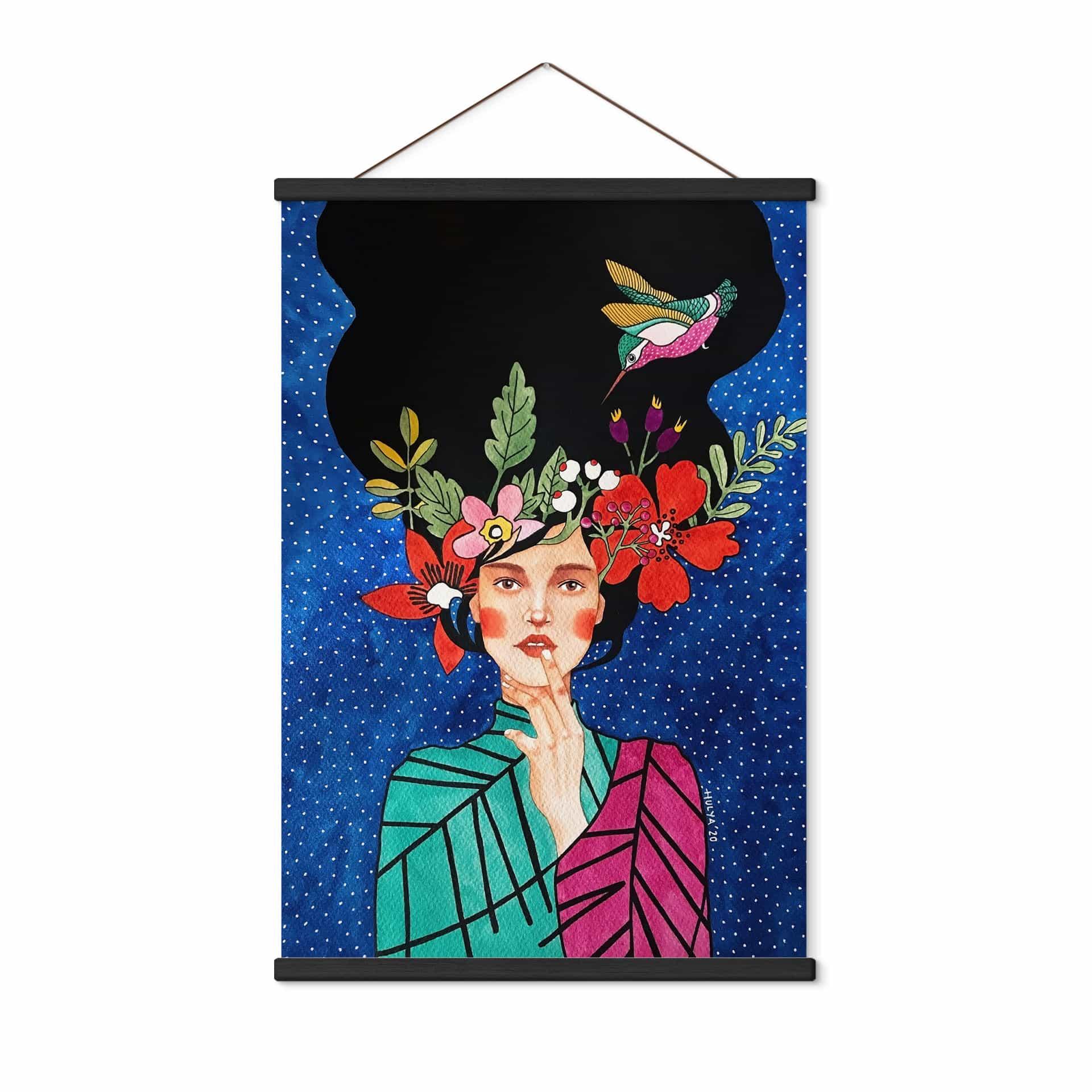 Póster de tela mujer con colibrí en la noche estrellada - Hülya