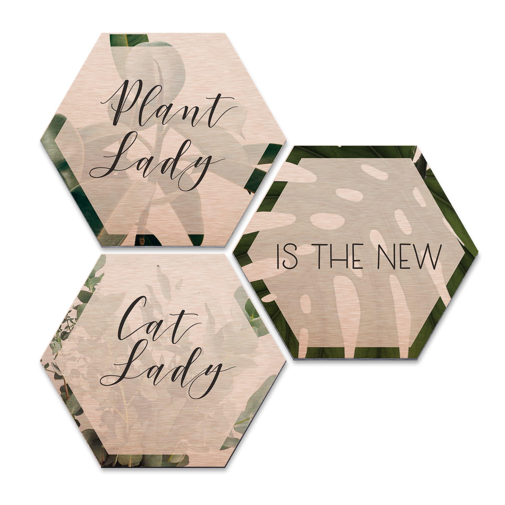 Hexagone - Alu-Dibond-Effet cuivré - Plantlady is the new Catlady (Set de 3)