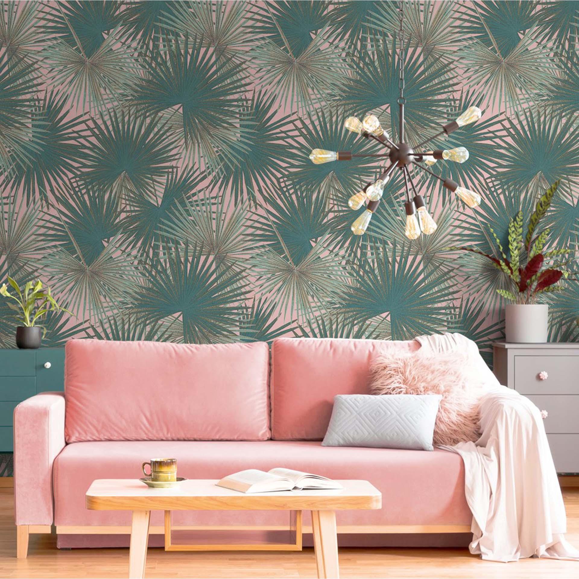 Jungla verde rosa hojas no tejido fotomural palmera papel pintado sala de estar