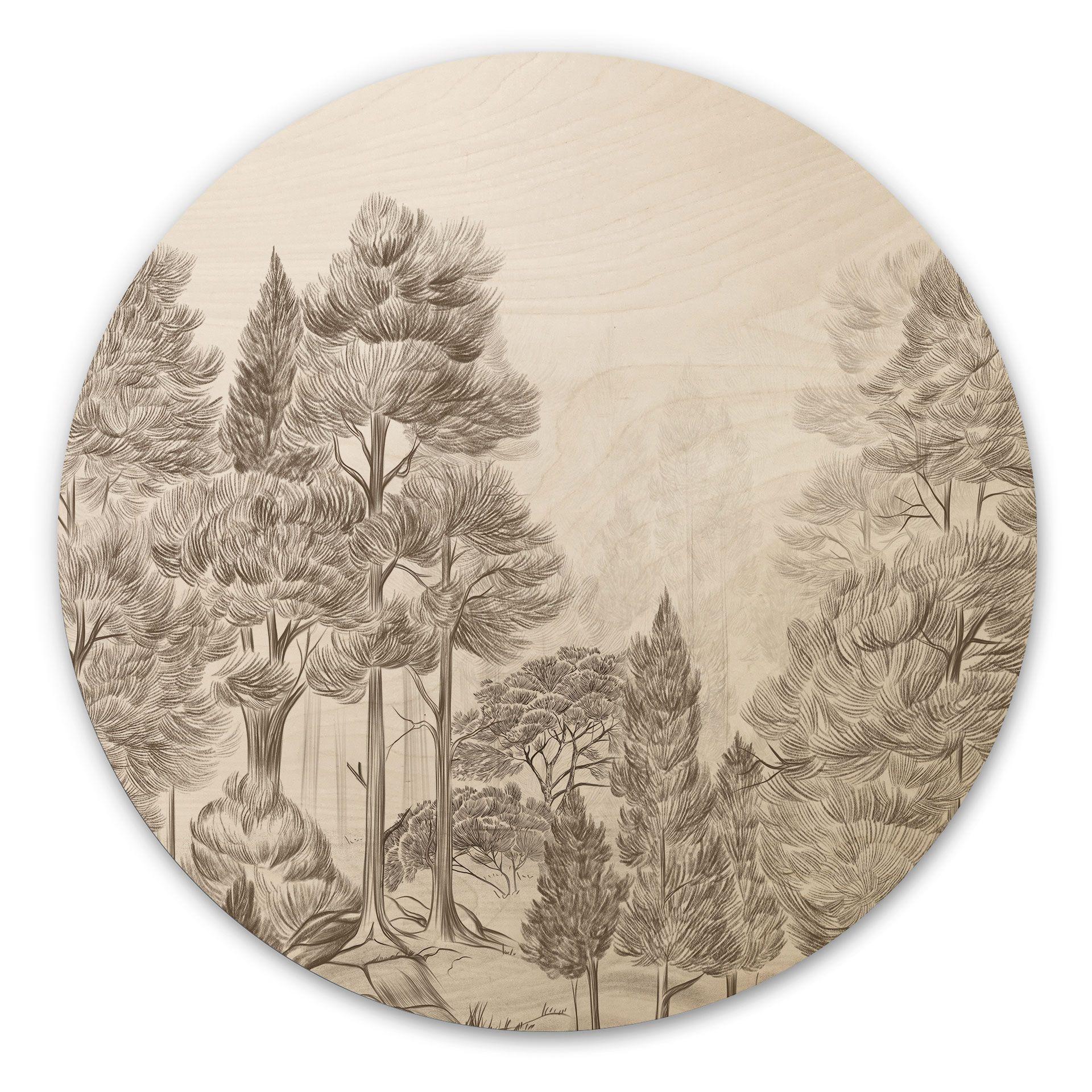 Houten Wanddecoratie bos met boslandschap in beige - Ms Tiff - Rond