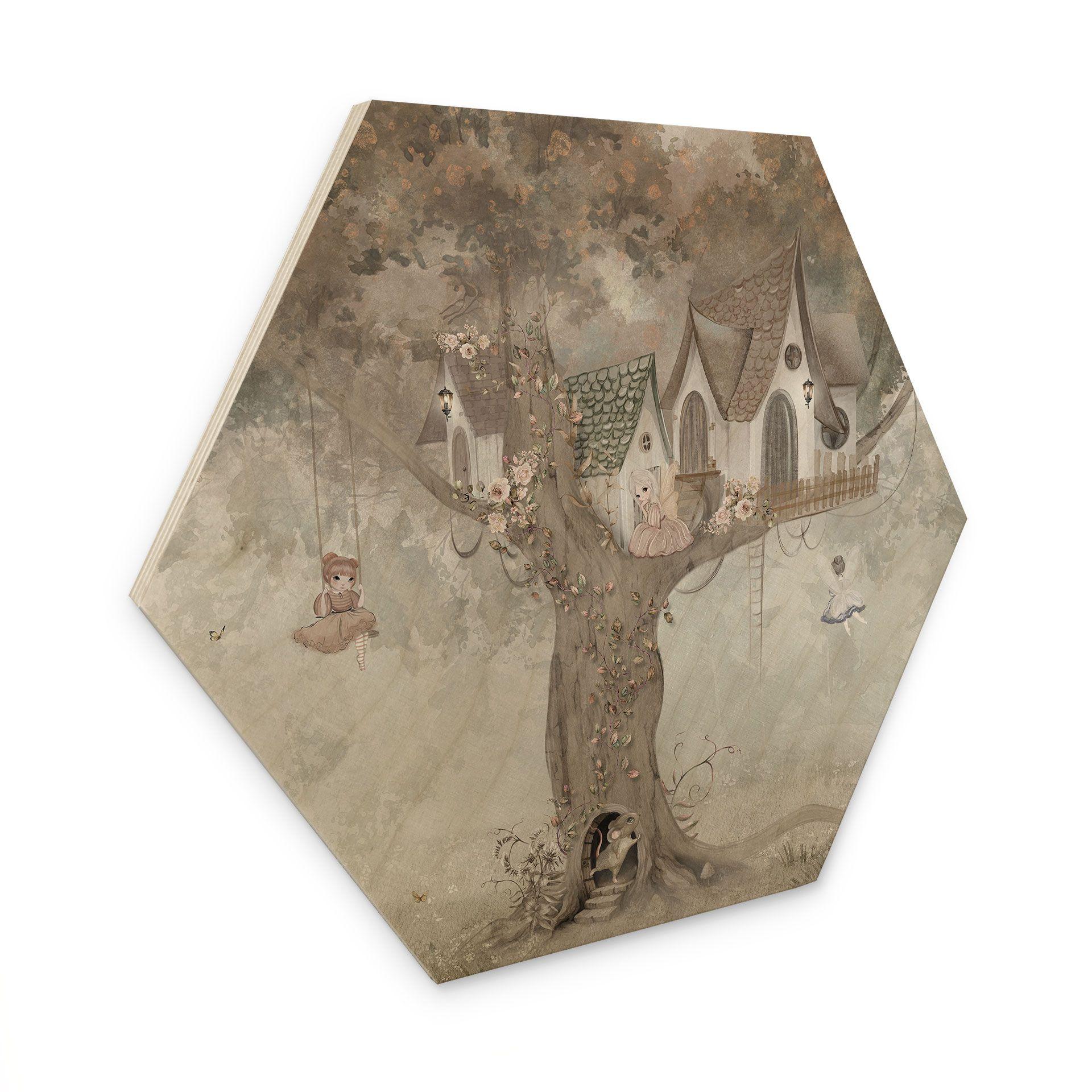 Houten Wanddecoratie met zeshoekige magische boomhut met feeën - Ms Tiff