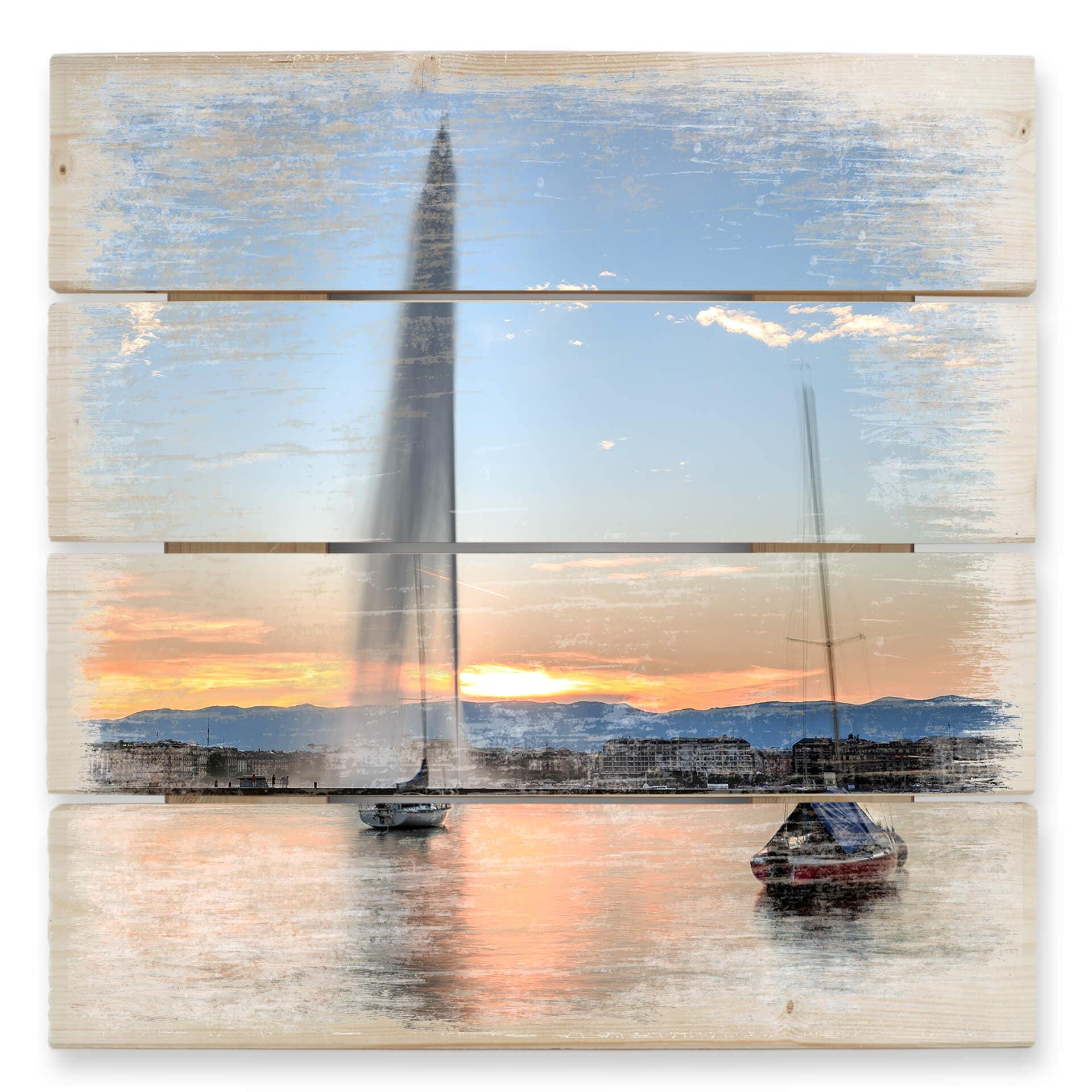 Cuadro de madera fuente de agua en la puesta de sol de Ginebra - 40x41,5 cm
