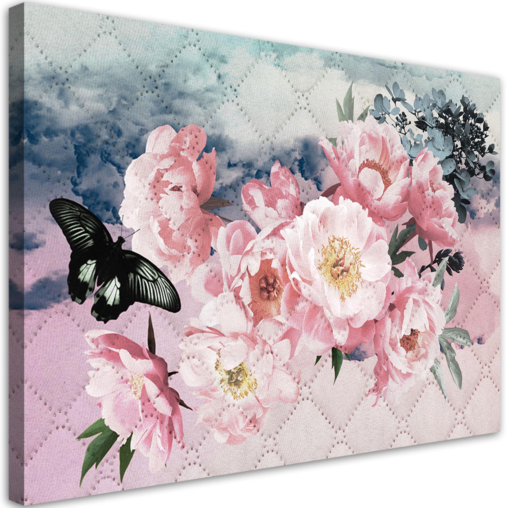 Canvasbillede, Lyserøde blomster og sommerfugl