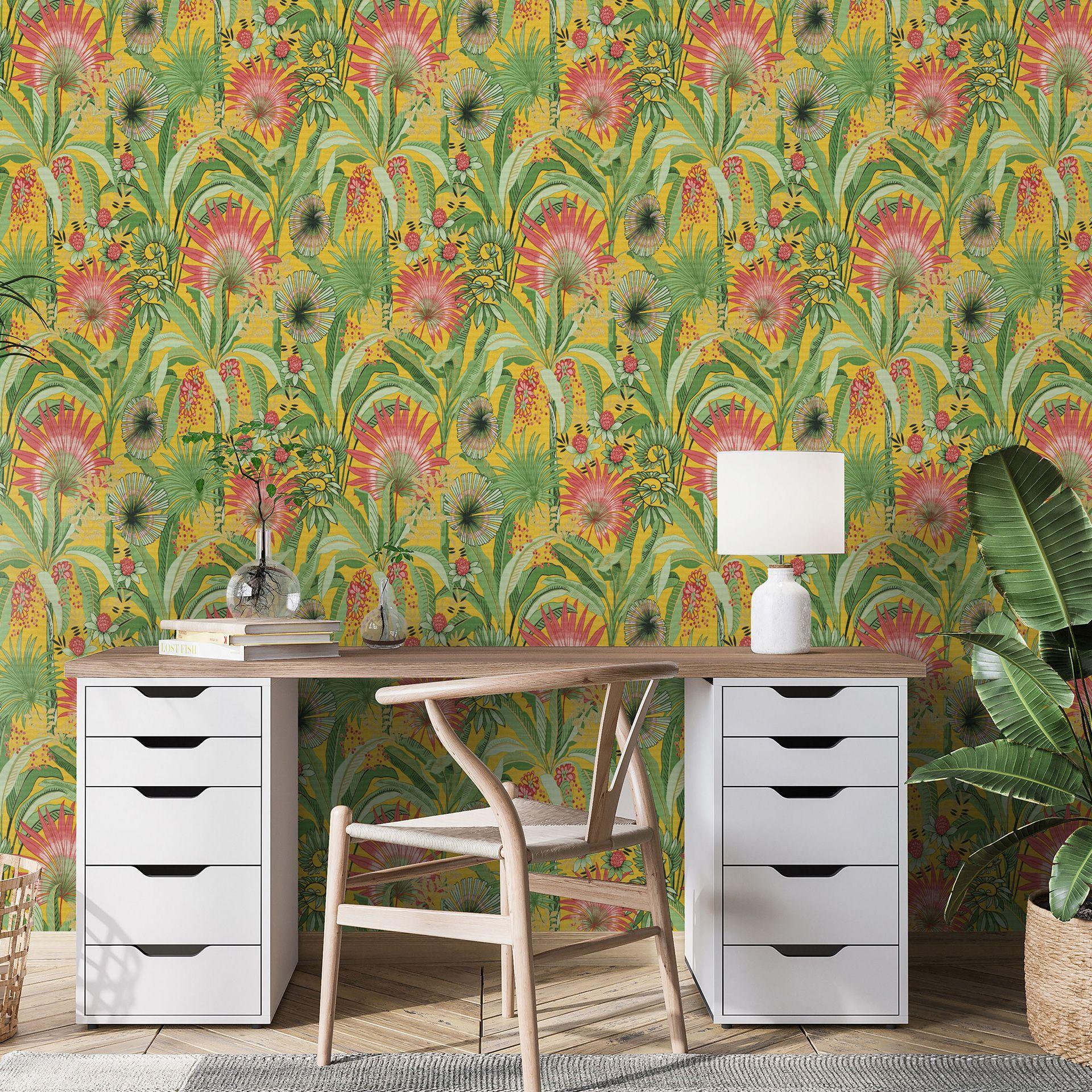 Papel pintado floral, papel pintado no tejido Erismann Martinique amarillo