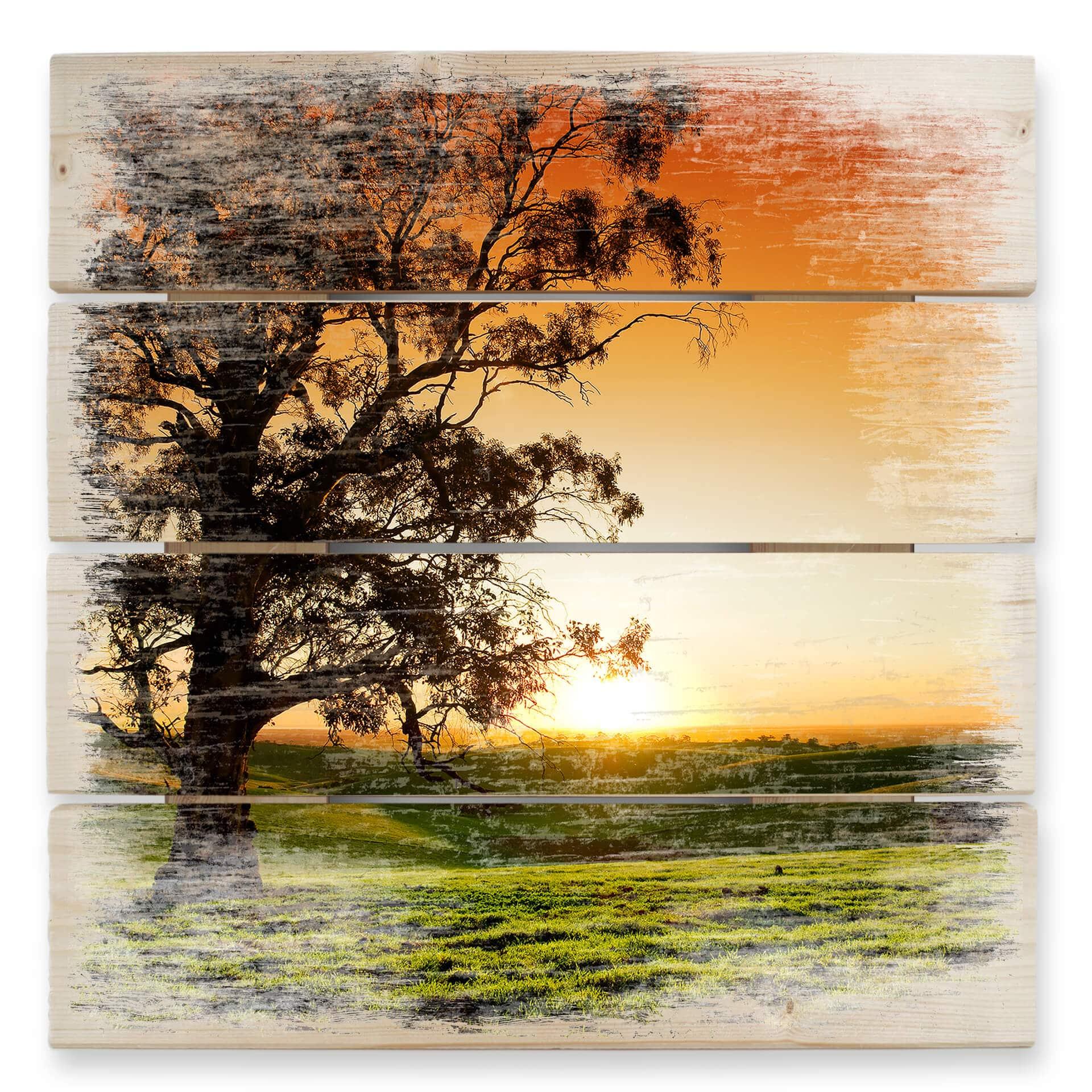 Cuadro de madera puesta de sol sobre las colinas - 40x41,5 cm