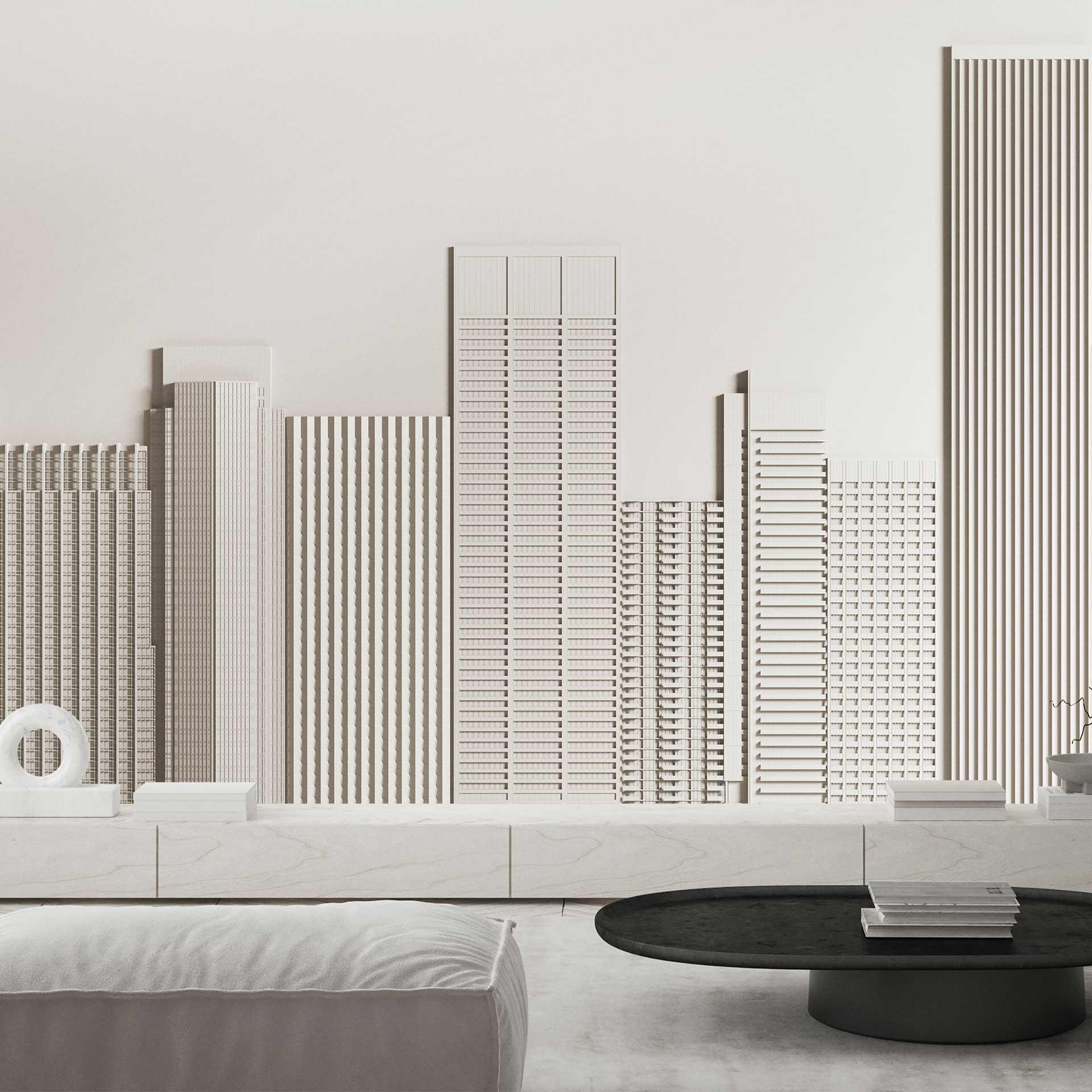 Moderne bybillede 3D non-woven tapet - monokrom skyline tapet med struktureret effekt
