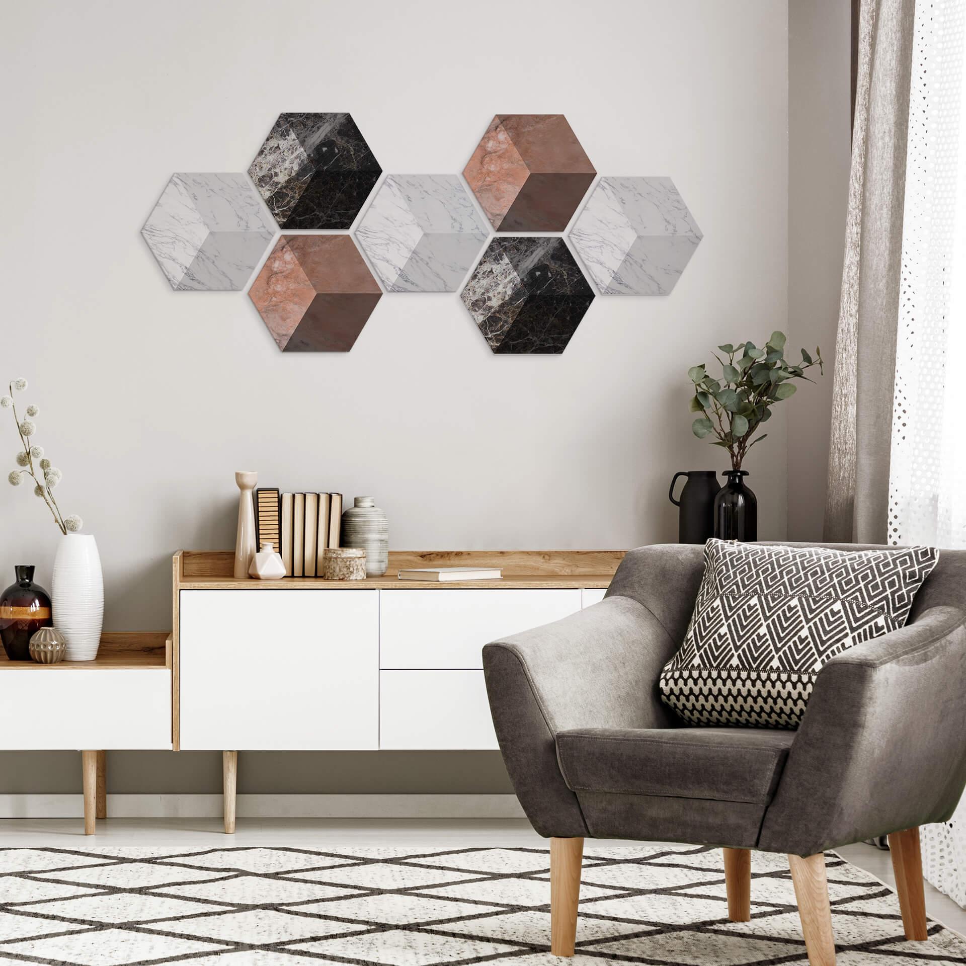 3D Hexagon Alu-Dibond sæt - Marmorvariationer (sæt med 7)