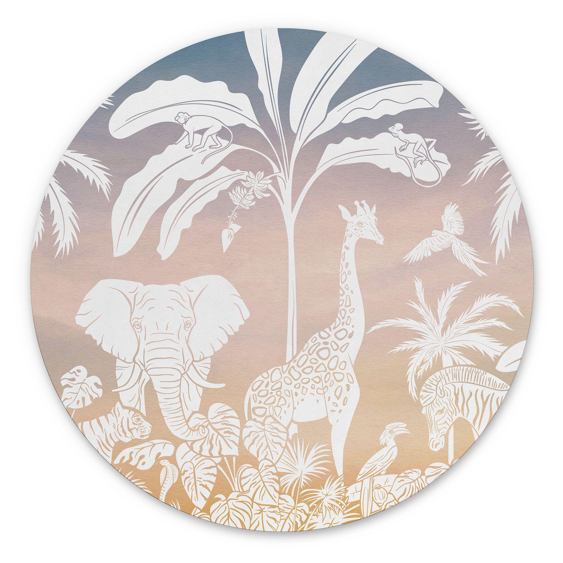 Rundt billede Jungleparadis med vilde dyr - Ombre - Kikki Belle – print på aluminium (Alu-Dibond)