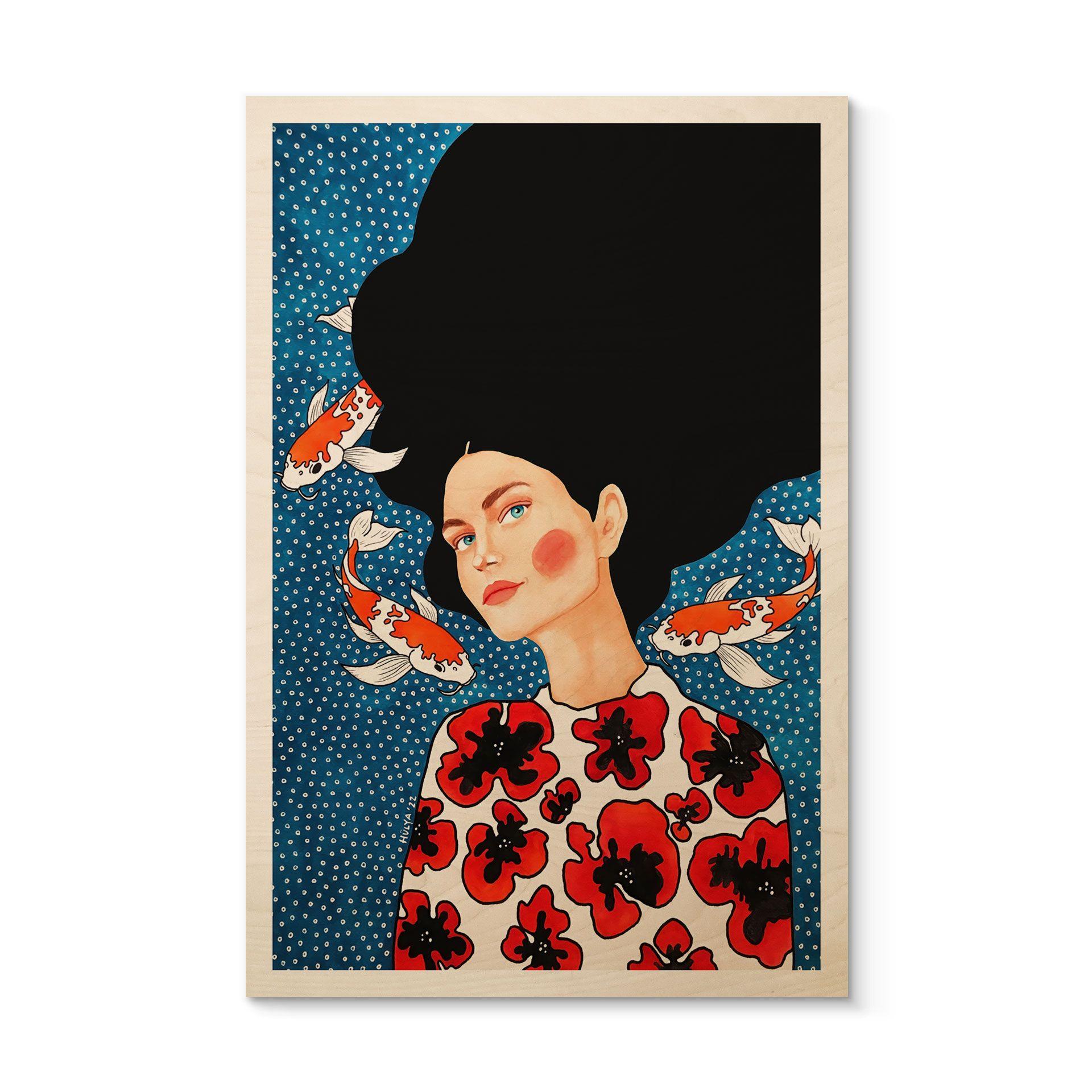 Billede af træ af en kvinde i blomsterkjole med koi - Hülya