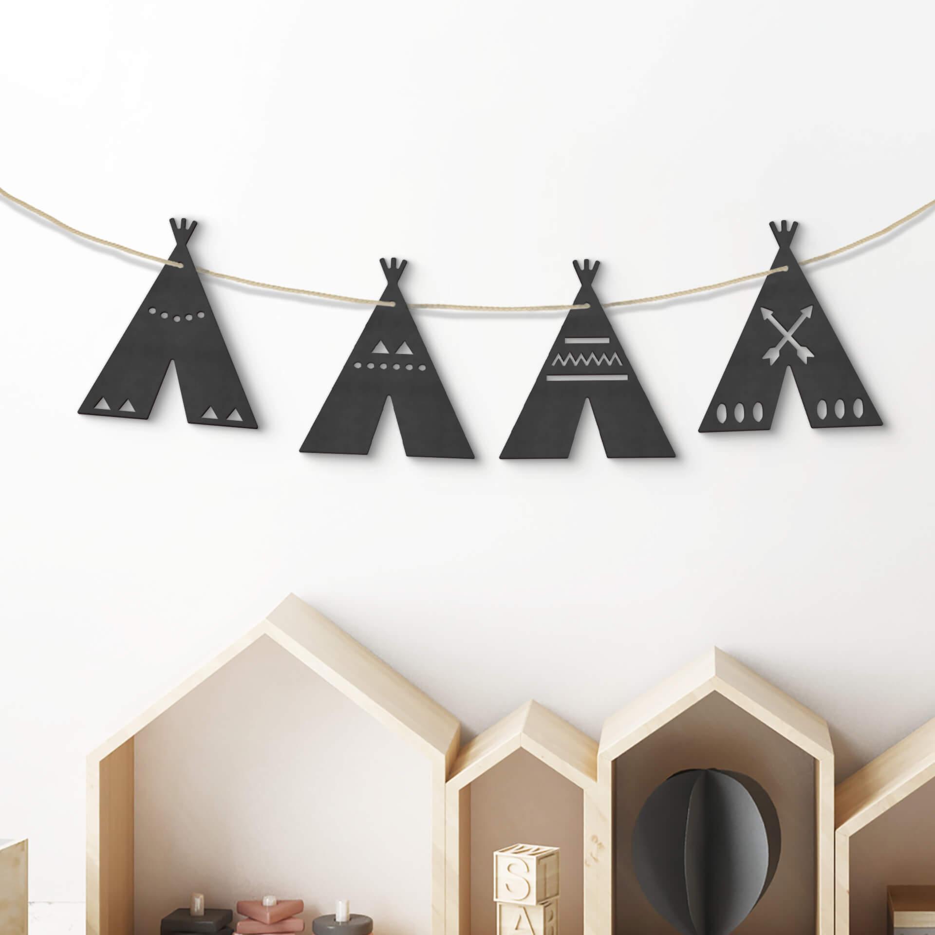 MDF - Decoración en madera - Tipi cadena banderín (set de 4) incl. cuerda de algodón