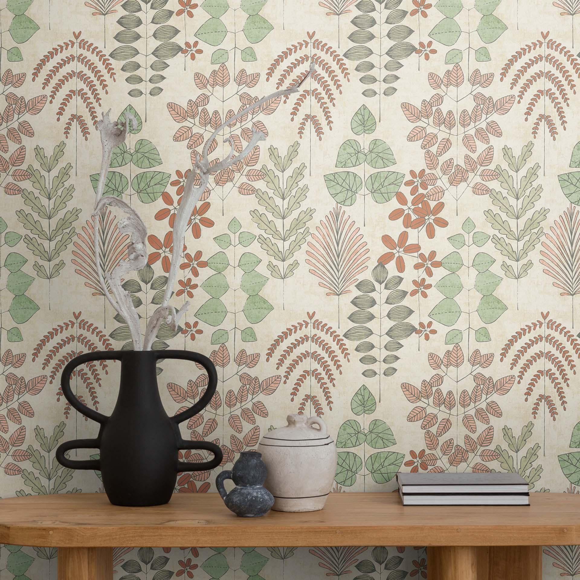 Papier peint mural intissé Skandi - design de feuilles discret dans les tons naturels & terre cuite