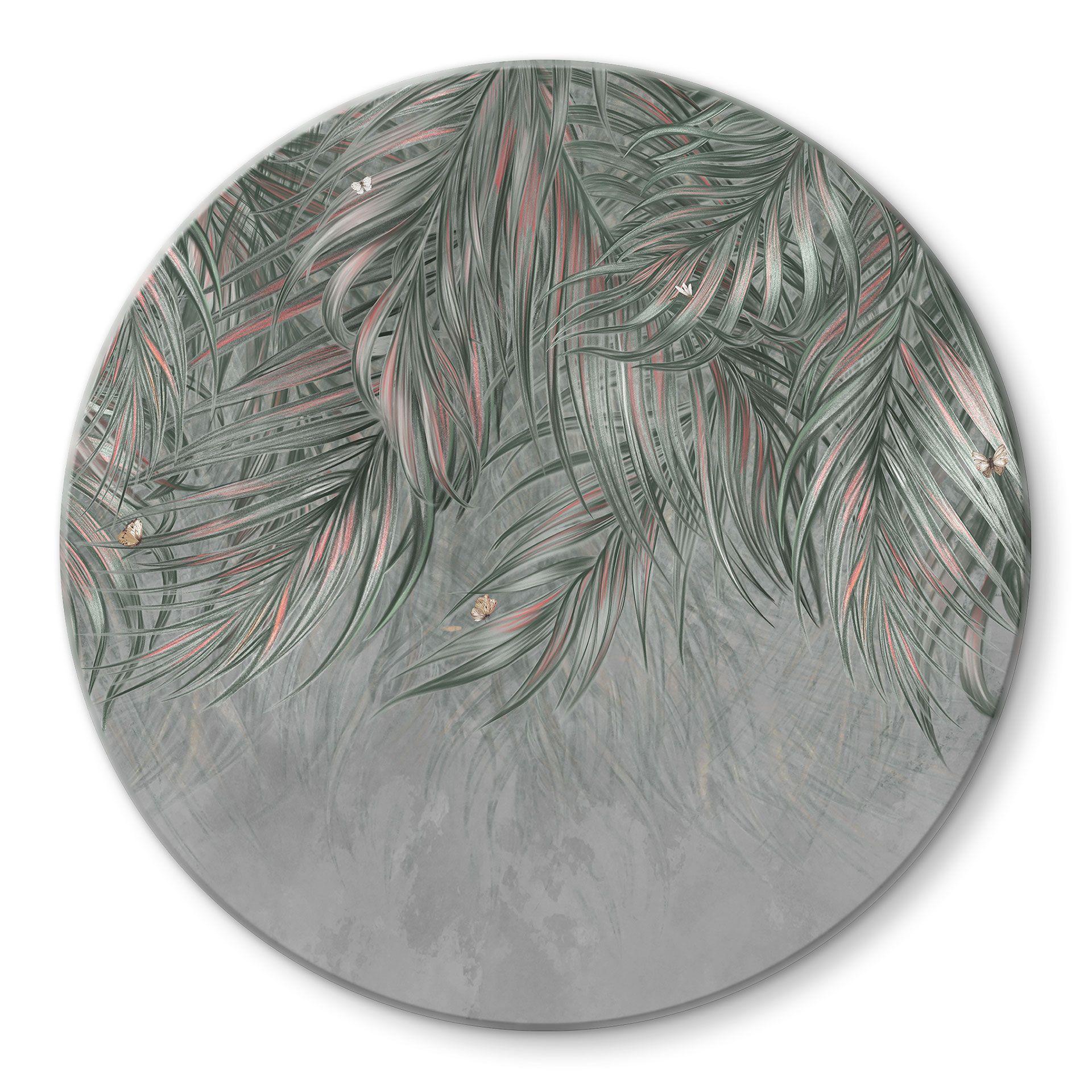 Glasschilderijen Exotische palmbladeren roze-groen - Ms Tiff - Rond