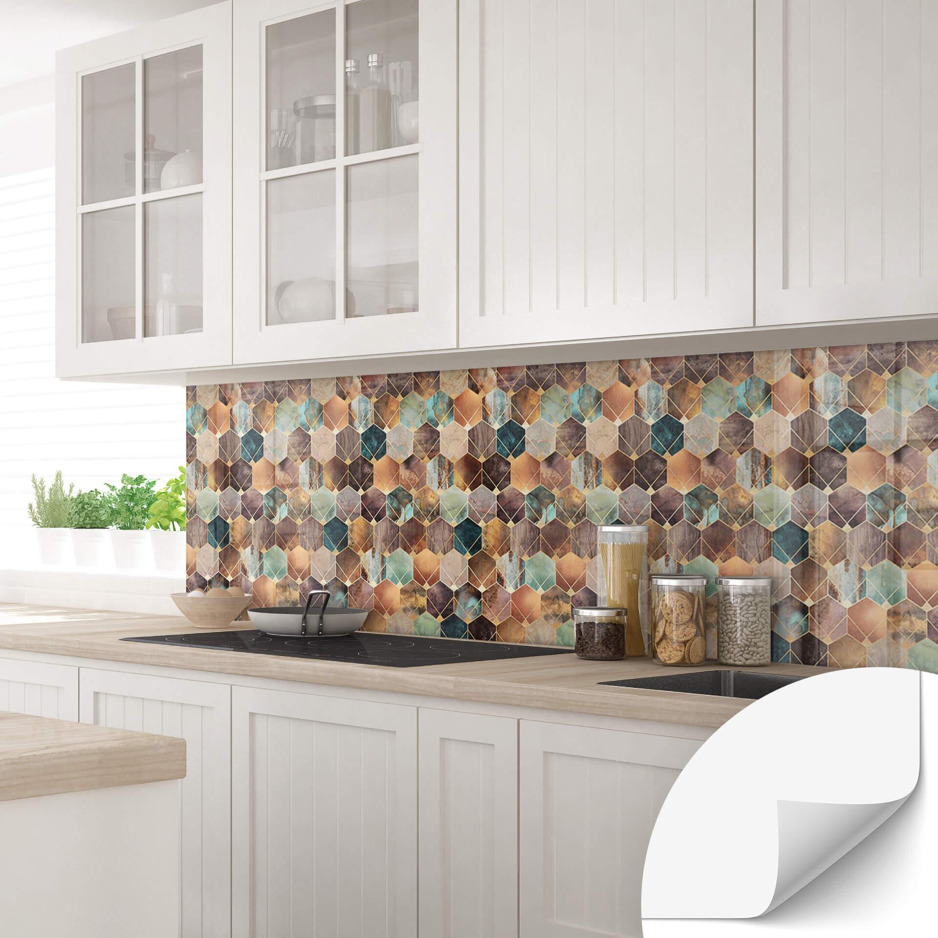 Salpicadero de cocina autoadhesivo Fredriksson - Hexágonos: oro y cobre
