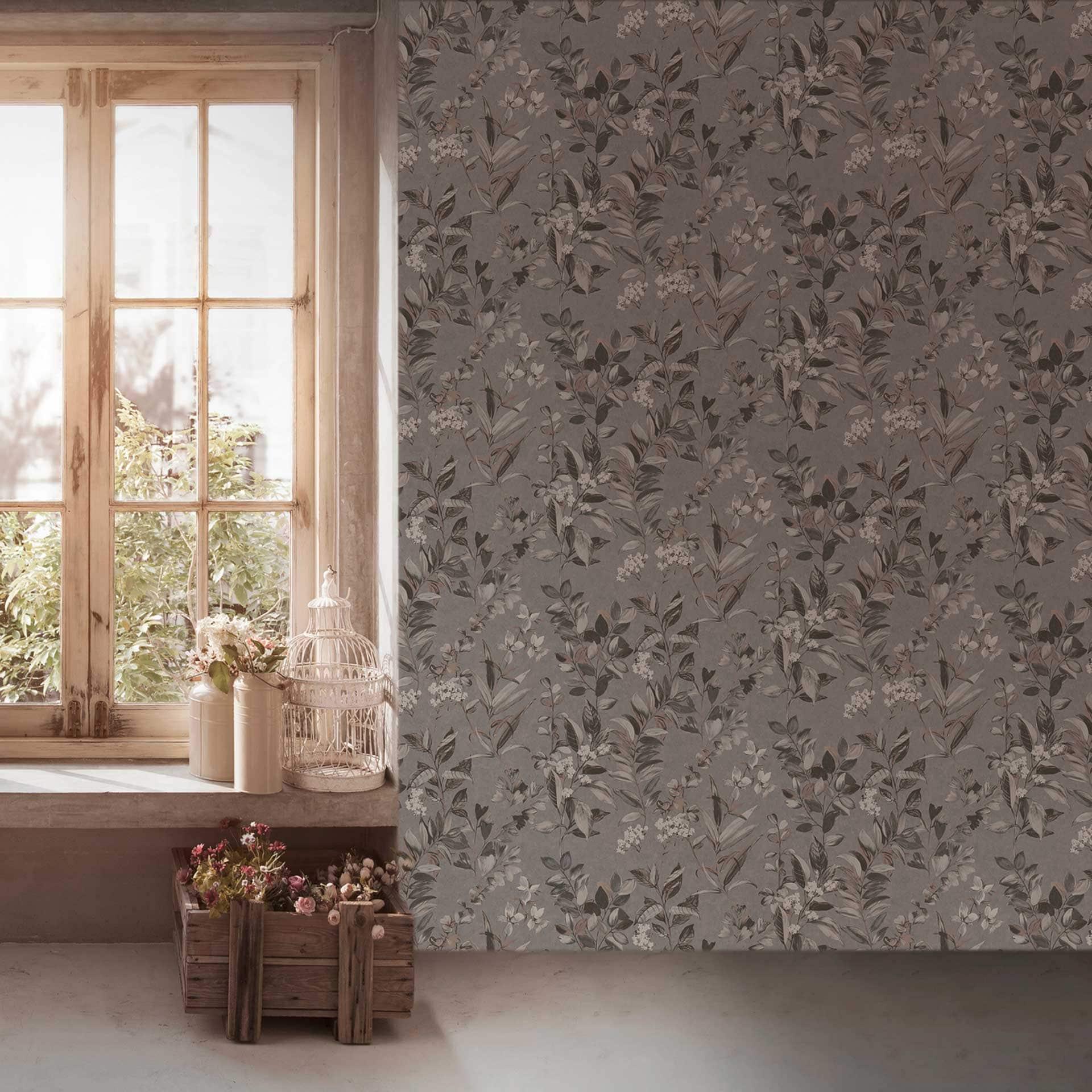 Papel pintado Floral con flores gris blanco - Papel pintado no tejido estilo acuarela floral