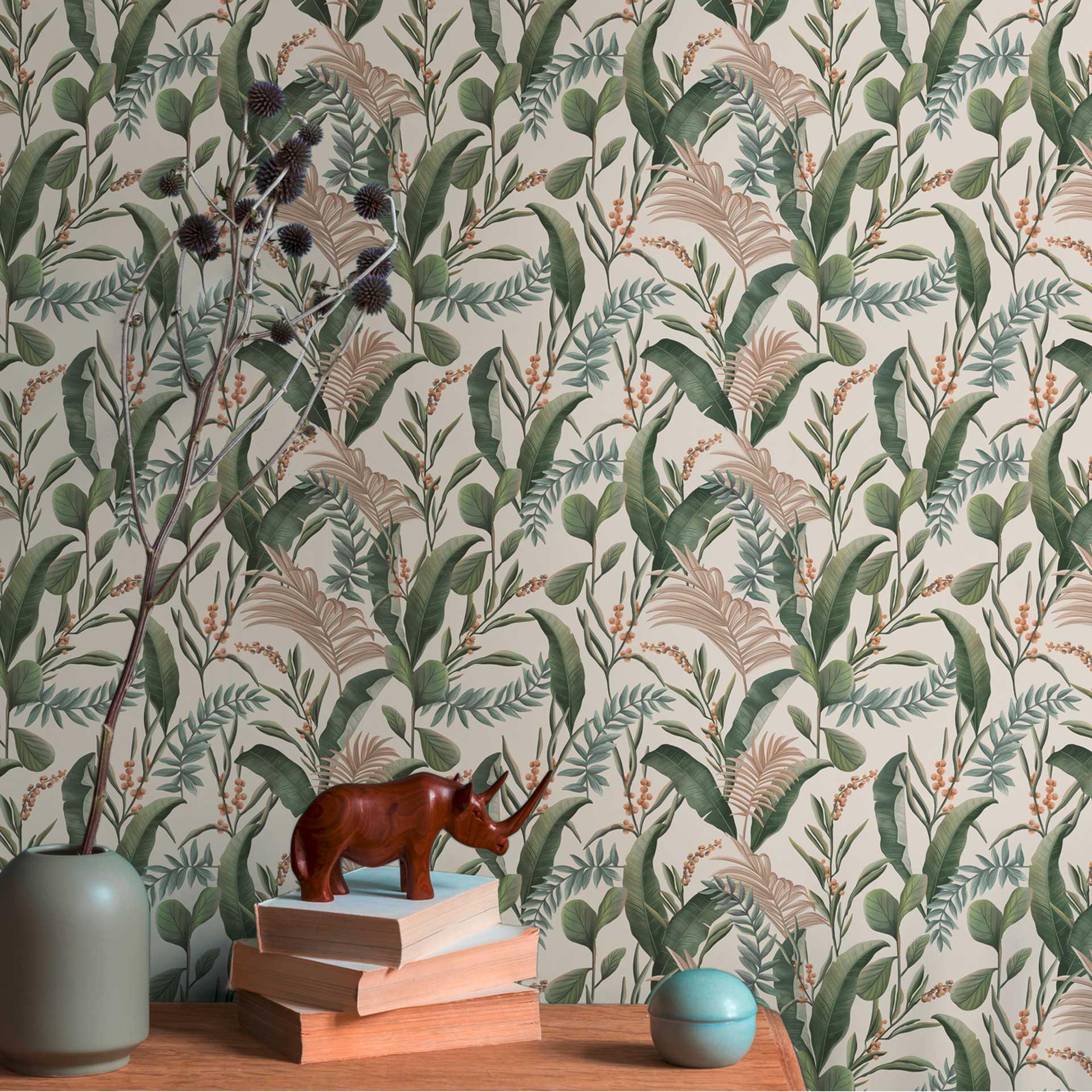 Papel pintado estampado con hojas y hierbas verde crema - Papel pintado tejido-no tejido jungla