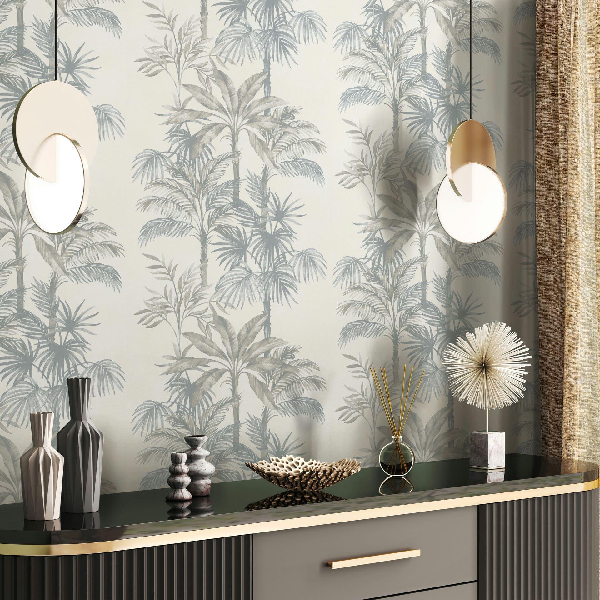 Non-woven tapet i beige træer blade jungle blomster natur 