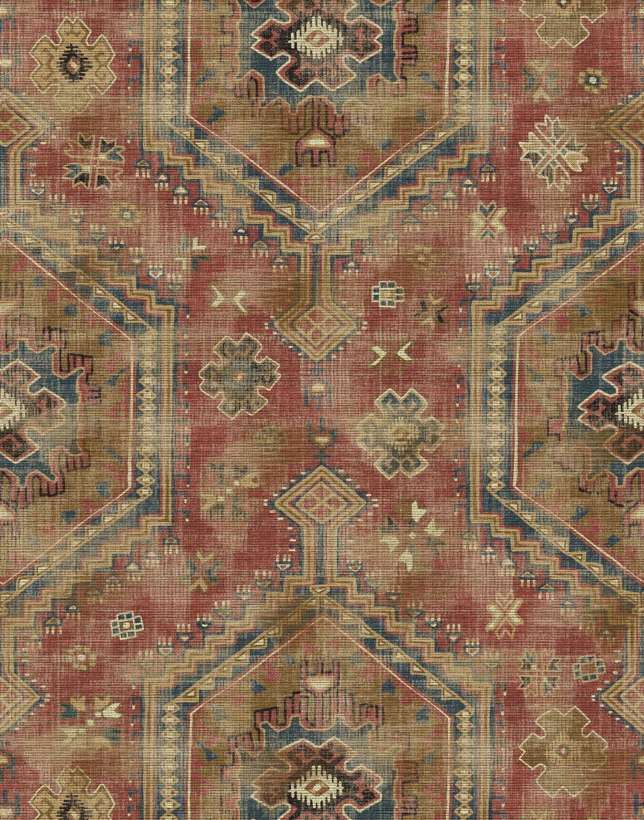 Fototapet vægmaleri med motiv vintage orientalsk tæppemønster i rød blå beige 2,7 x 2,12 m