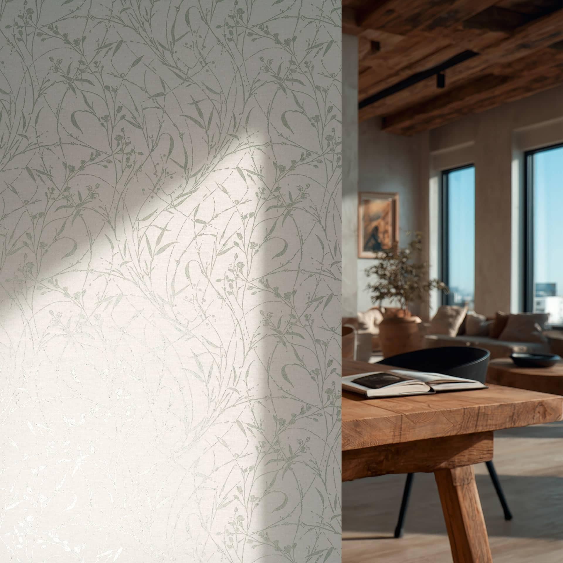 Papier peint intissé Fée Wild Free crème vert gris métallisé - herbes fleurs sauvages salon entrée c