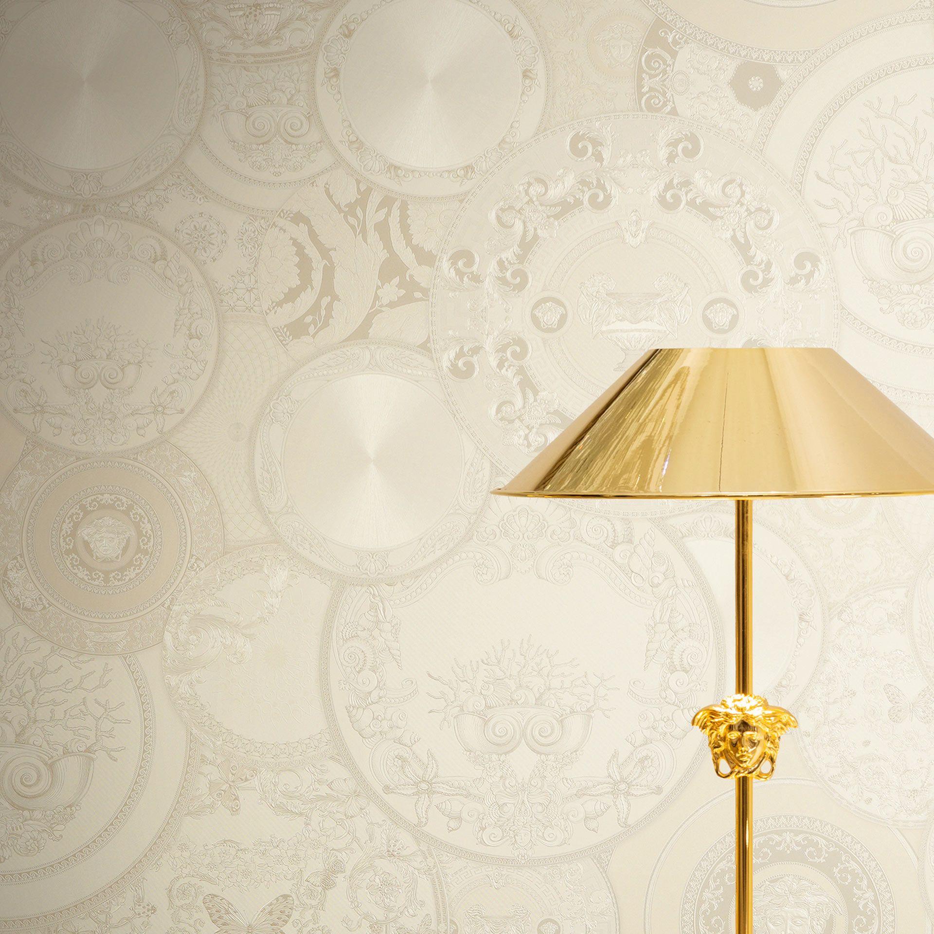 Versace ikke-vævet tapet Art De La Table Circles Floral Meander Medusa Beige Metallic