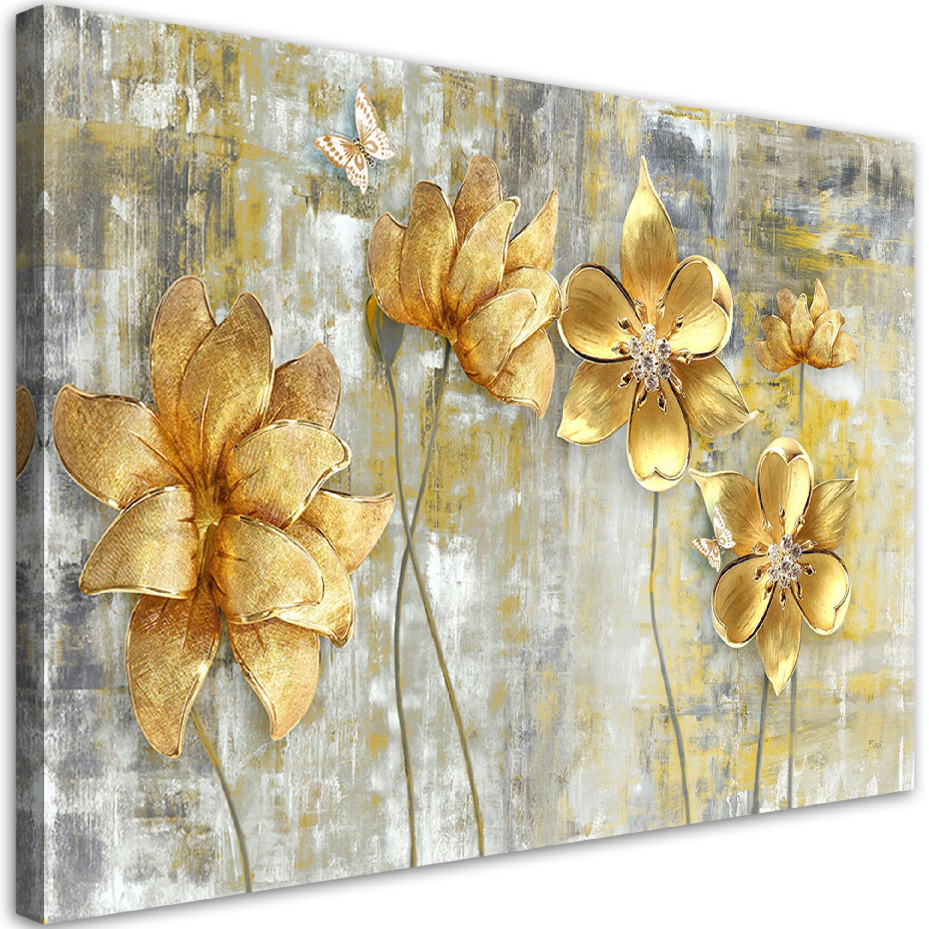 Canvasbillede, gyldne blomster og sommerfugle