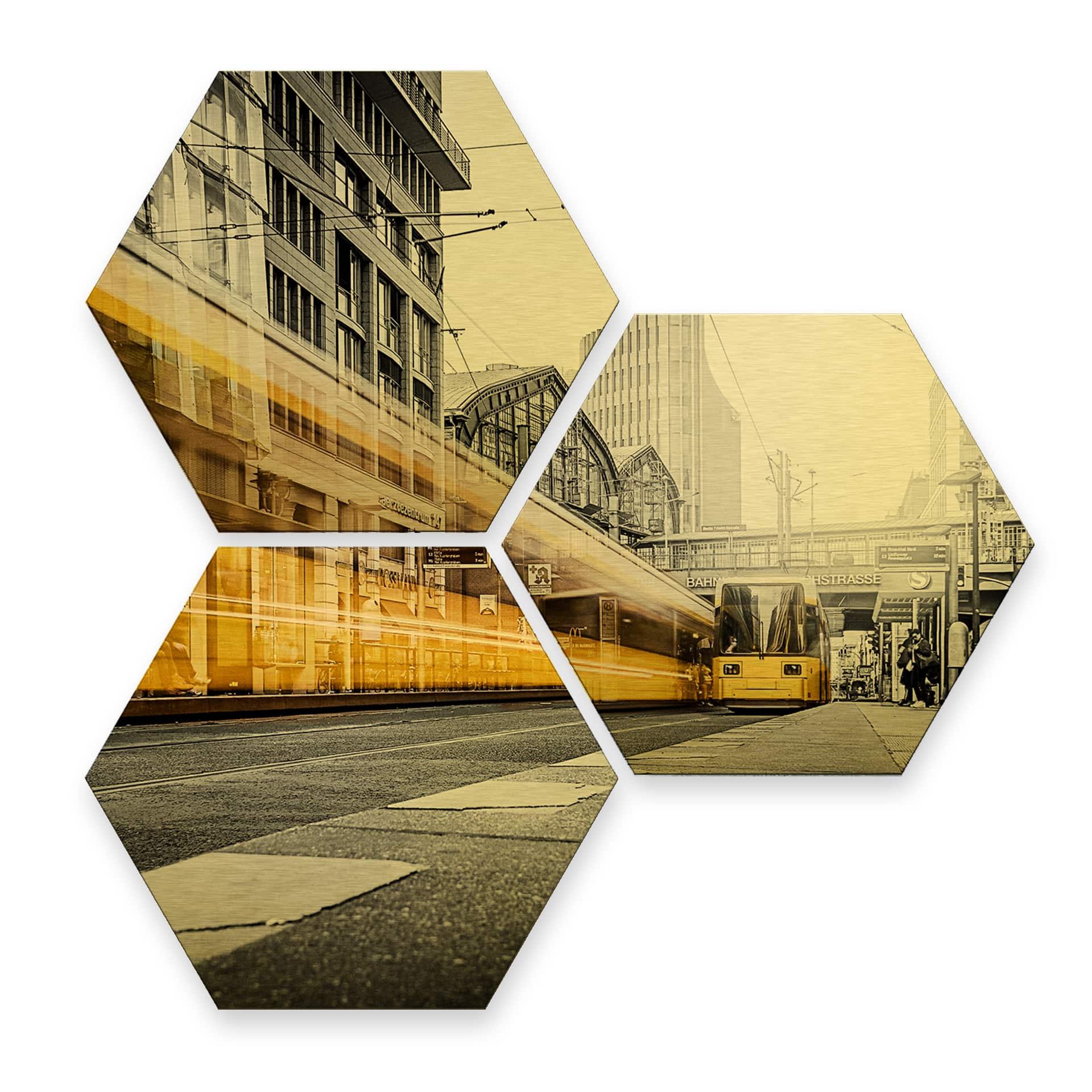 Hexagone - Alu-Dibond-Effet doré - Berlin Friedrichstrasse 02 (Set de 3)