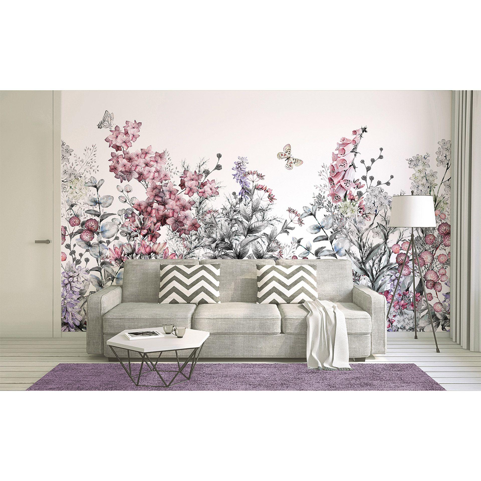  lyserød og grå non-woven tapet Designwalls FlowerPainting sommerfugl natur