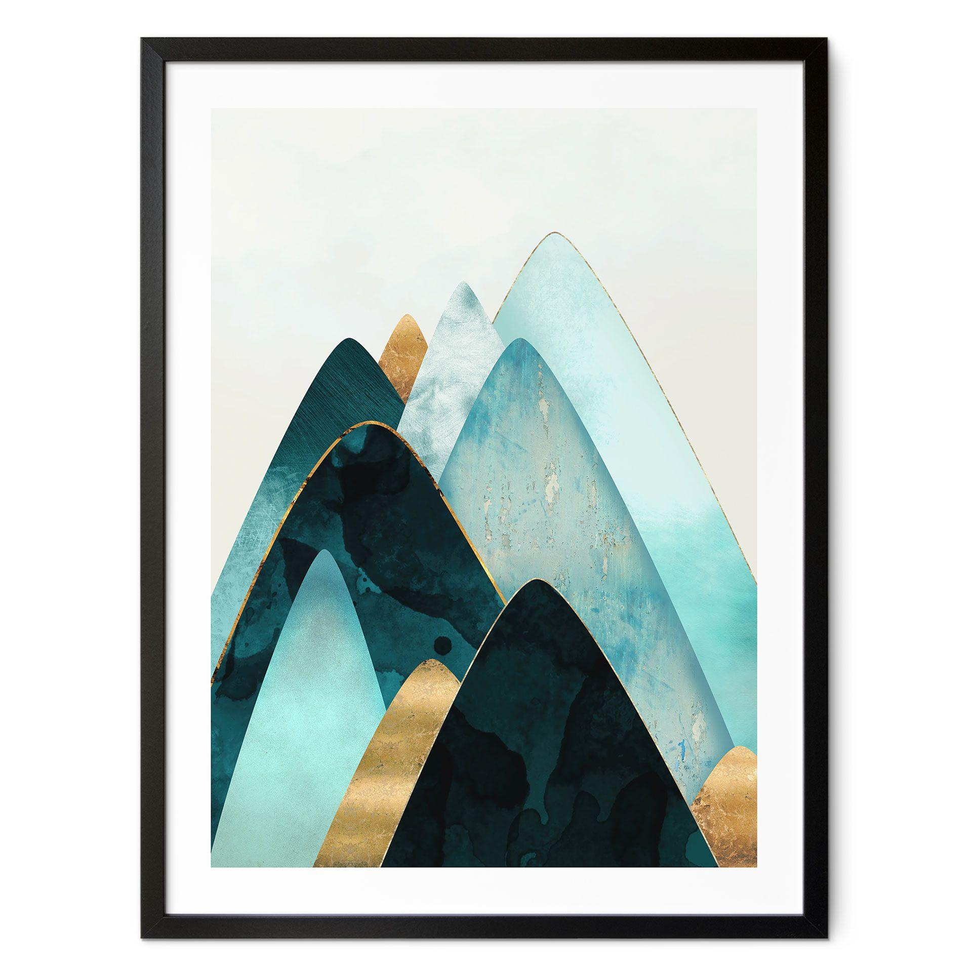 Póster de montañas abstractas en dorado y azul - SpaceFrog Designs