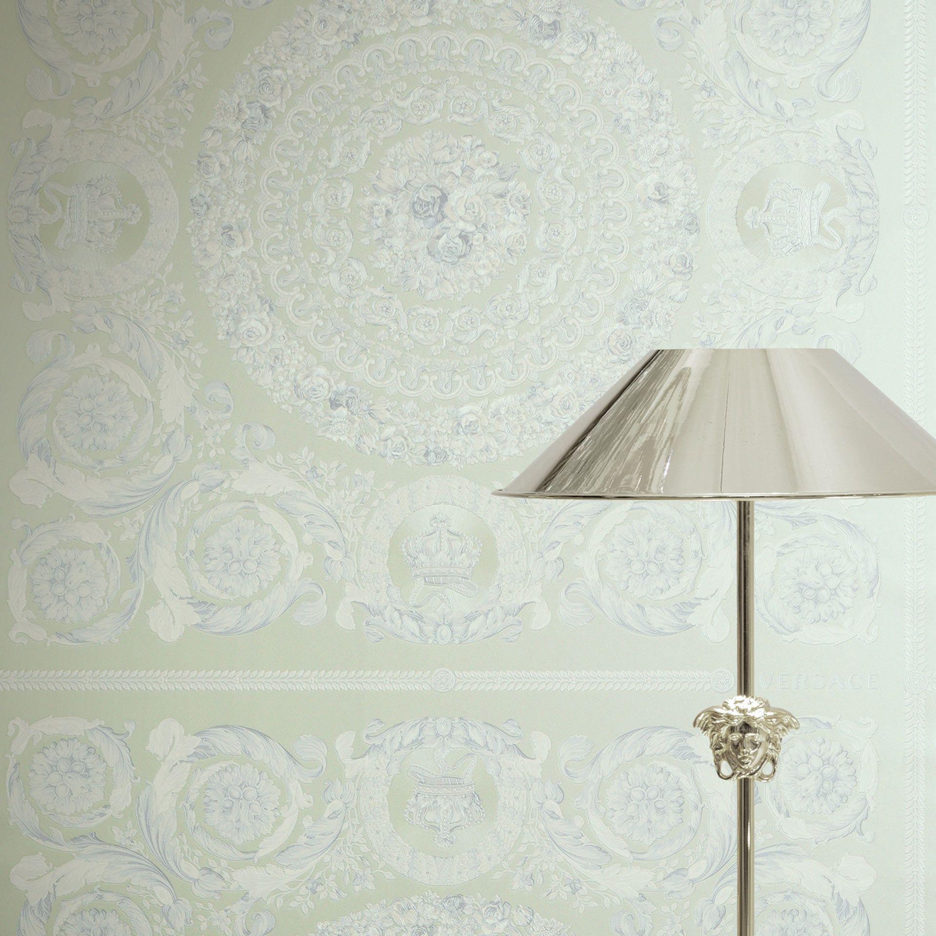 Versace ikke-vævet tapet Heritage Baroque Medallion Floral Green White Blue luksuriøst