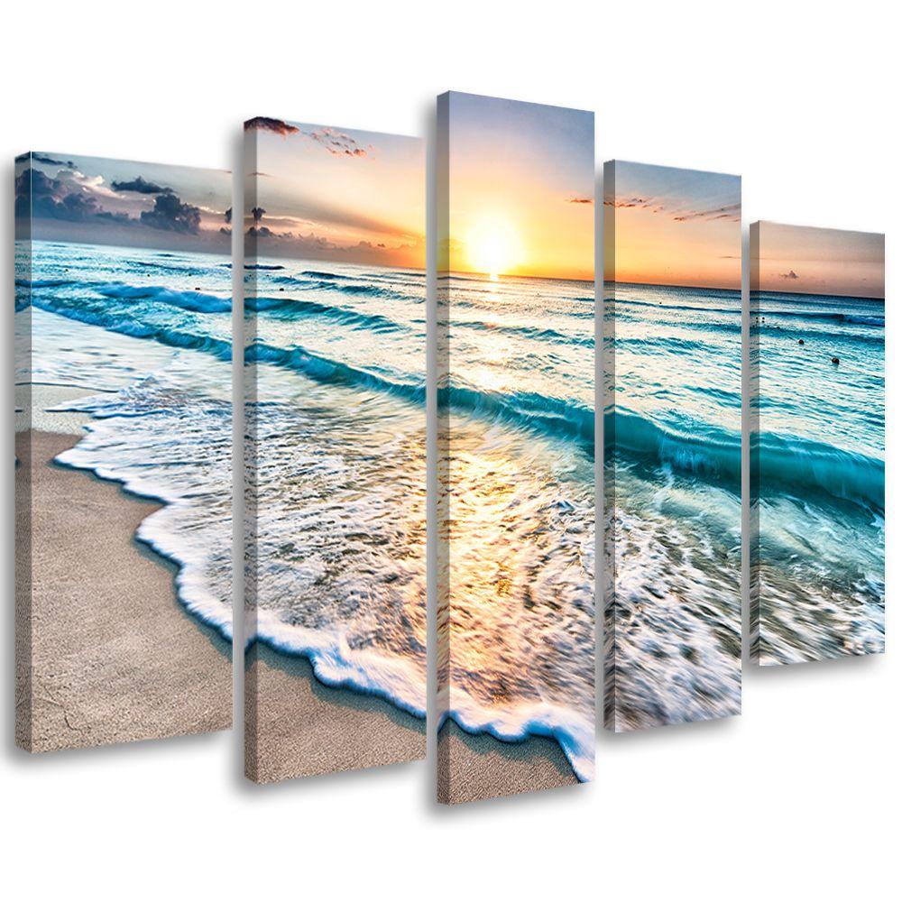 Lærredstryk 5 stykker, Sea Beach Water Sunset