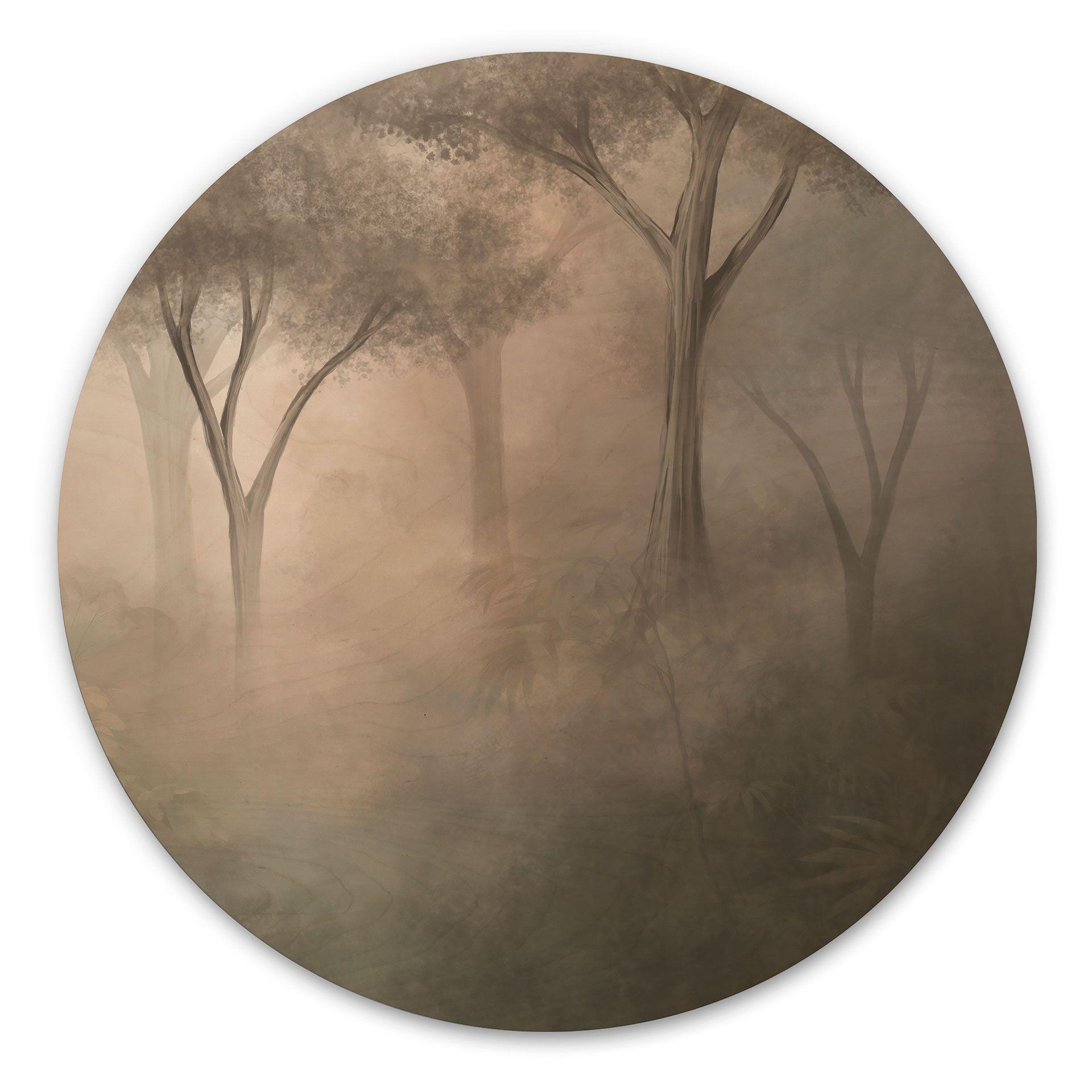 Houten Wanddecoratie Bosmagie in de ochtendnevel Beige - Ms Tiff - Rond