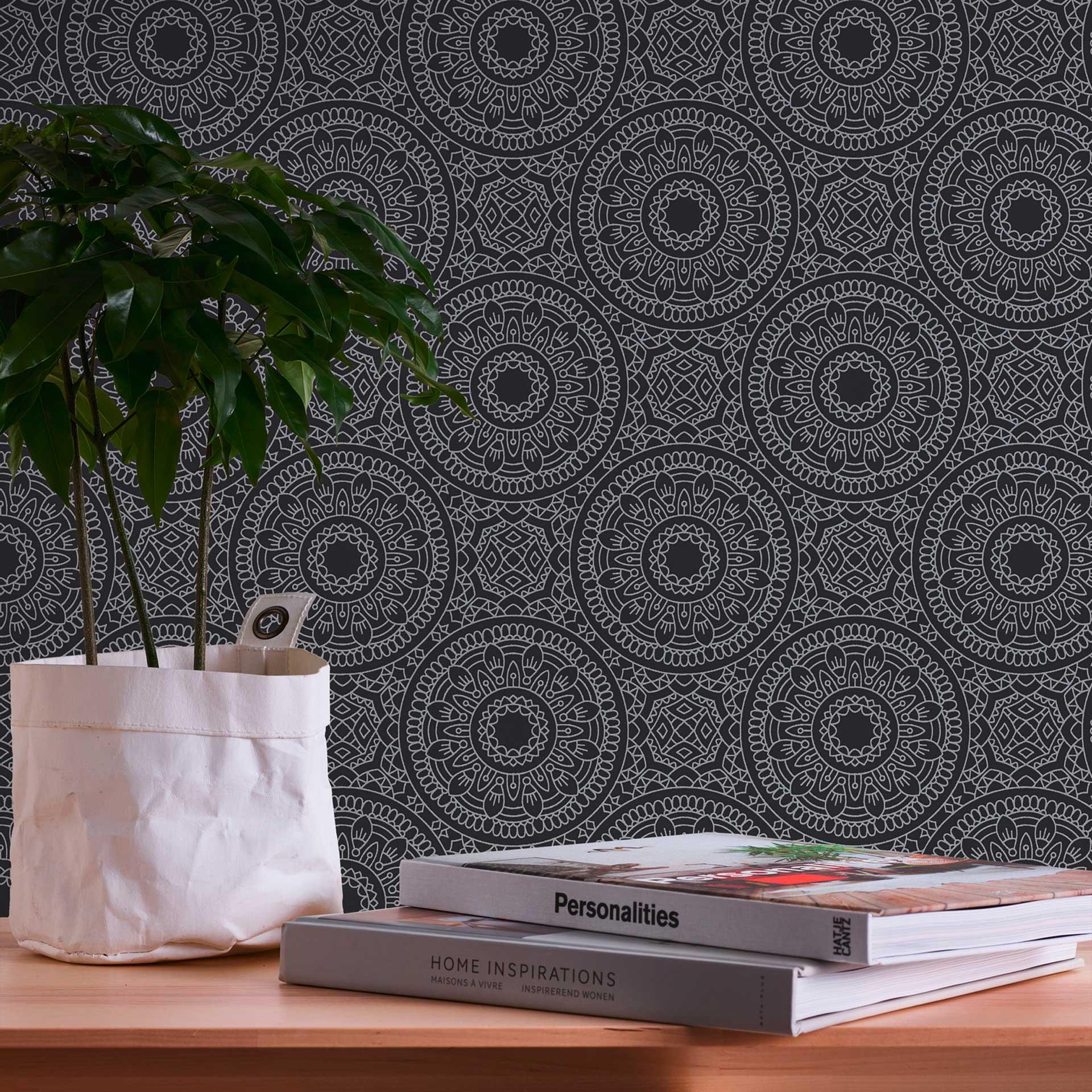 Papel pintado gráfico mandala negro plata - papel pintado estilo boho - papel pintado tejido-no tejido salón cocina
