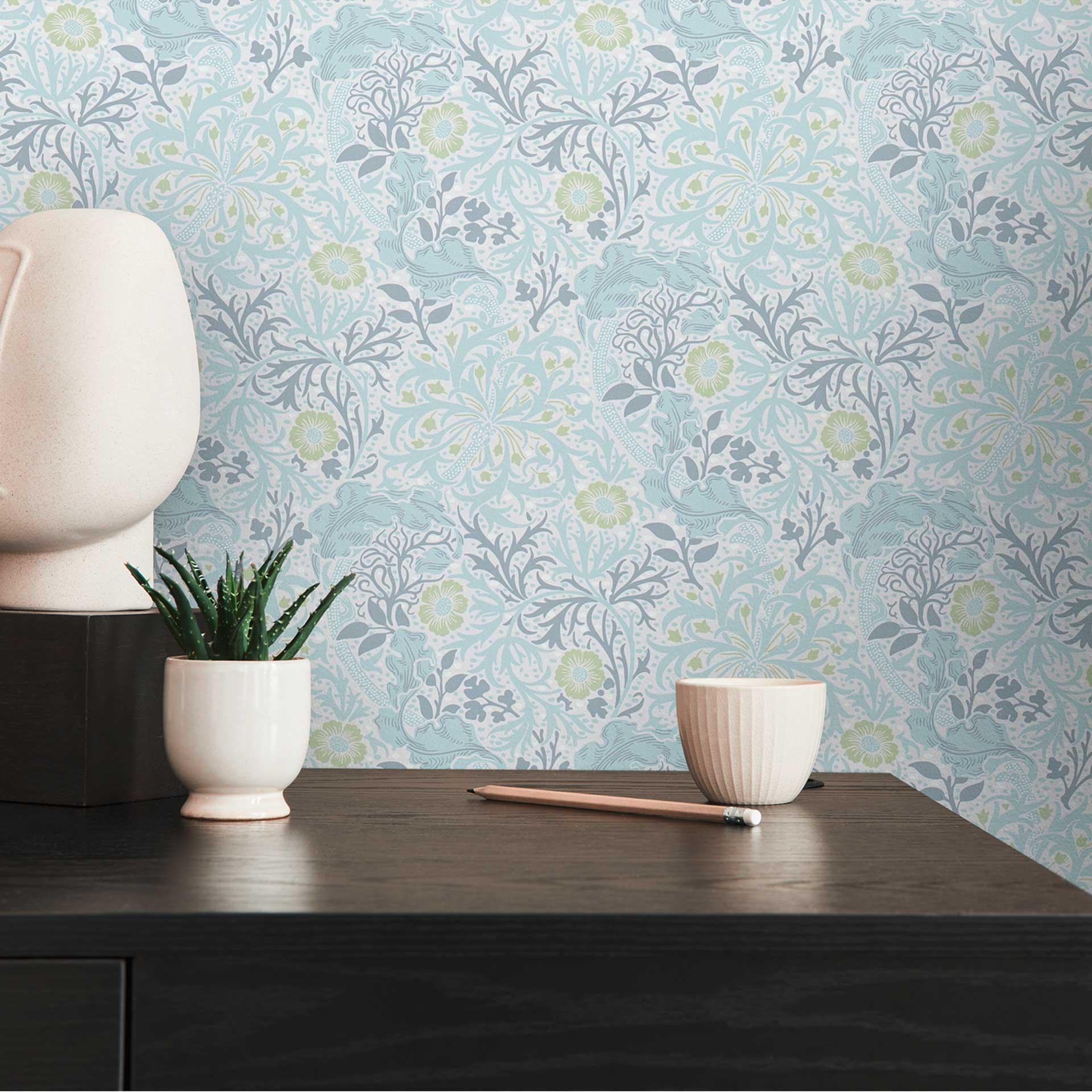 Papel pintado con zarcillos de flores y flores azul blanco - papel pintado no tejido floral