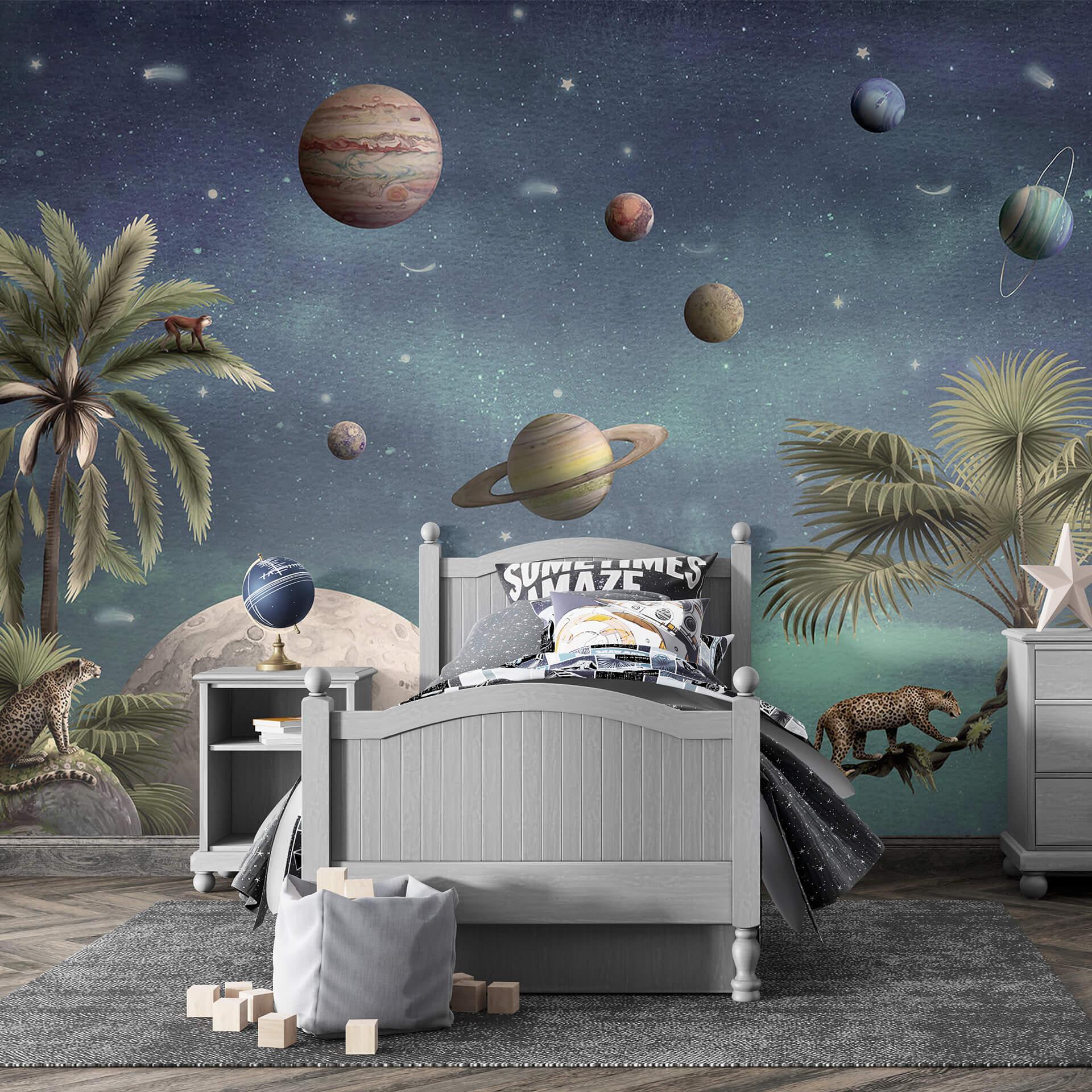 Fotomural de la habitación infantil Kikki Belle - Mundo de fantasía tropical con planetas y palmeras