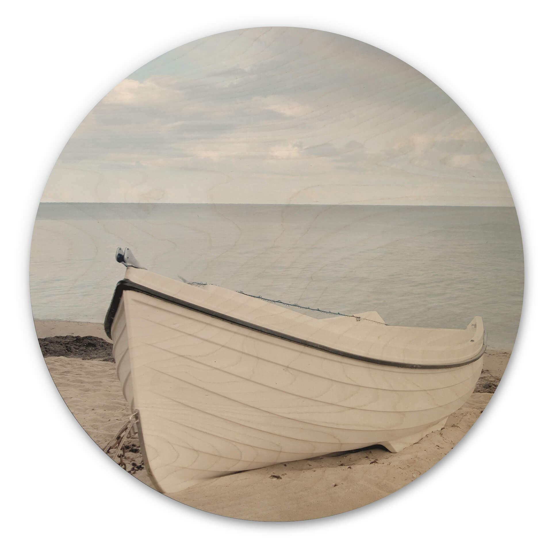 Cuadro de madera barco en la playa - redondo
