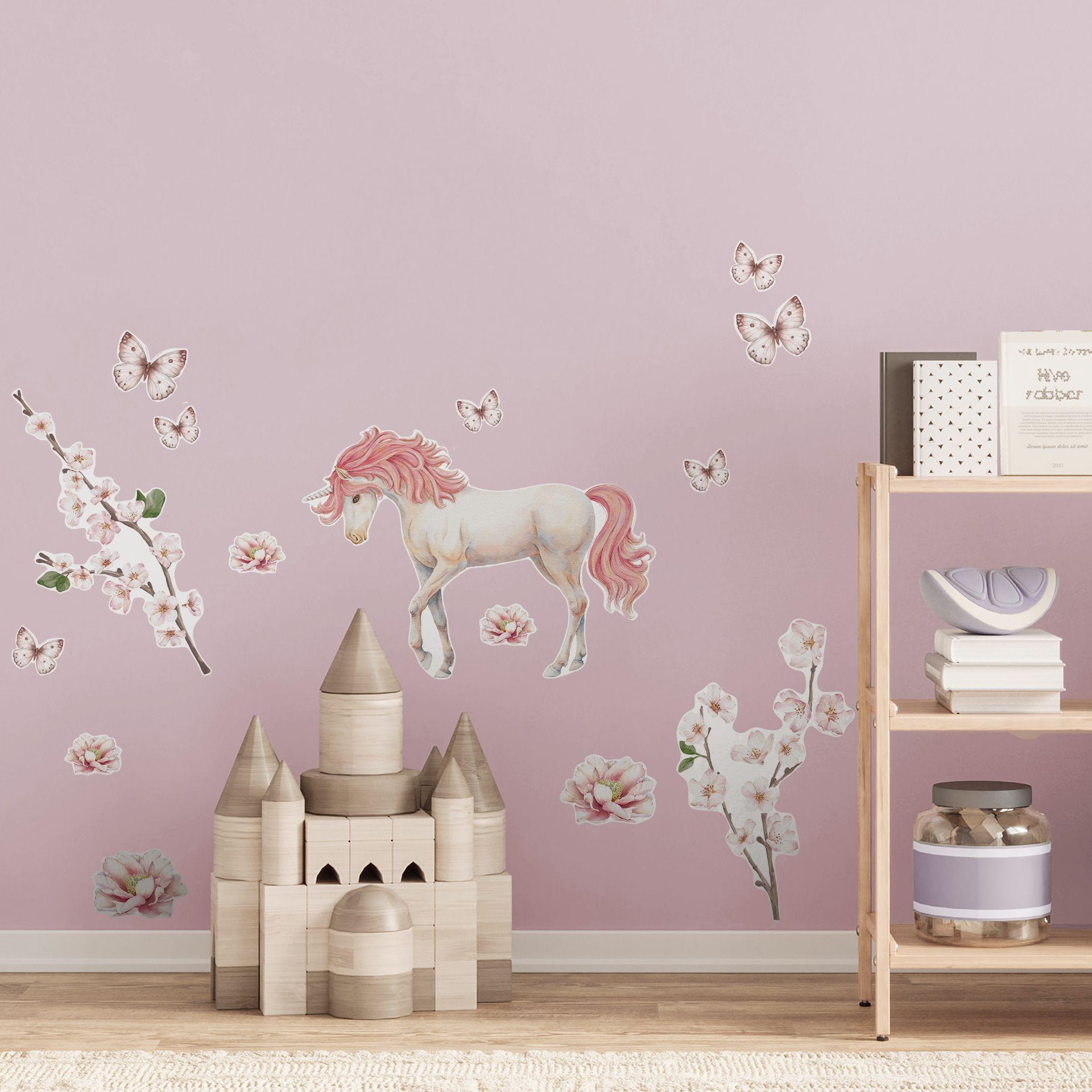 Wallsticker til børneværelset Enhjørning i lyserød blomst Kikki Belle - 15 stykker - 50x70 cm