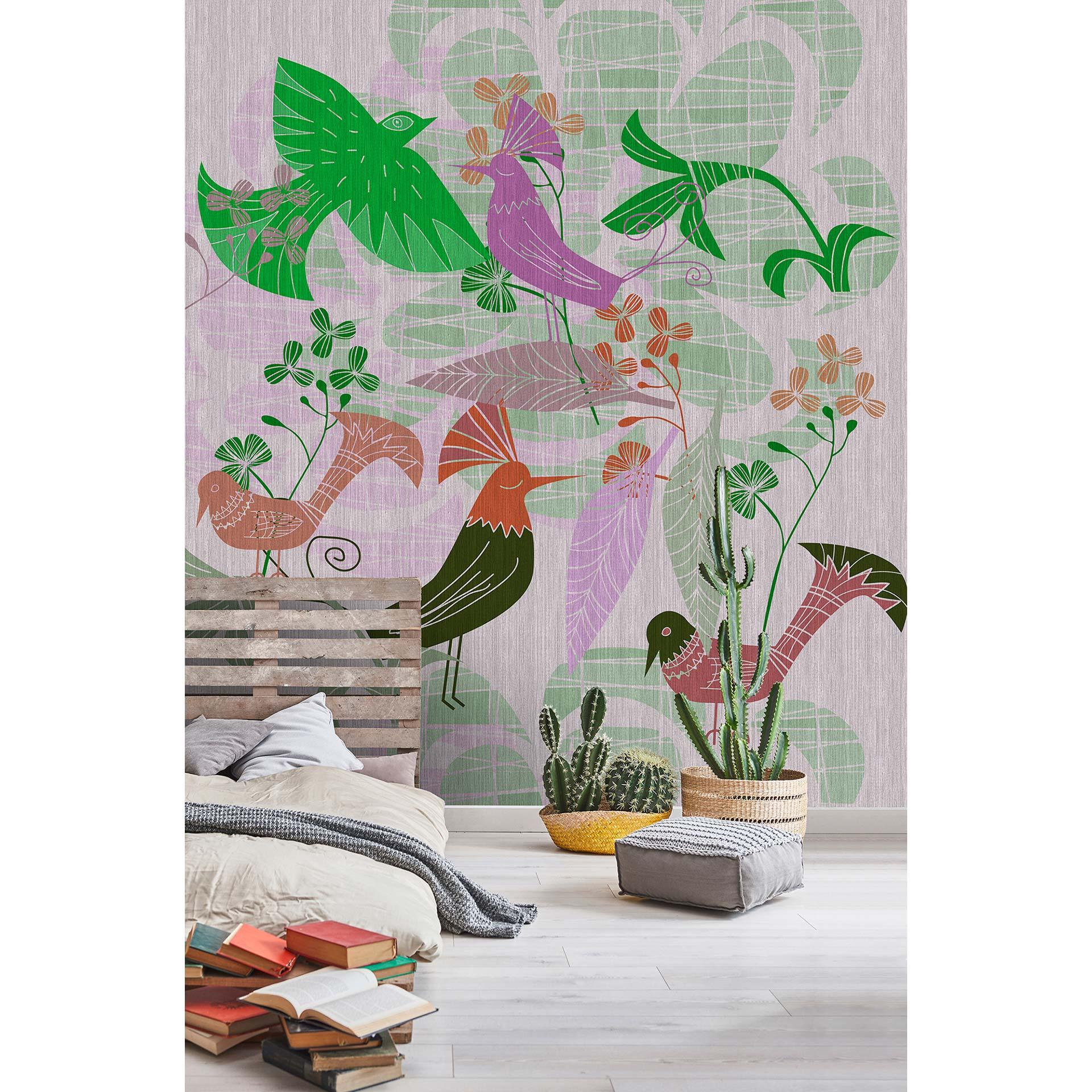 Fotomural Paredes de Patel 3 Birdland 2 verde, morado, naranja, rojo